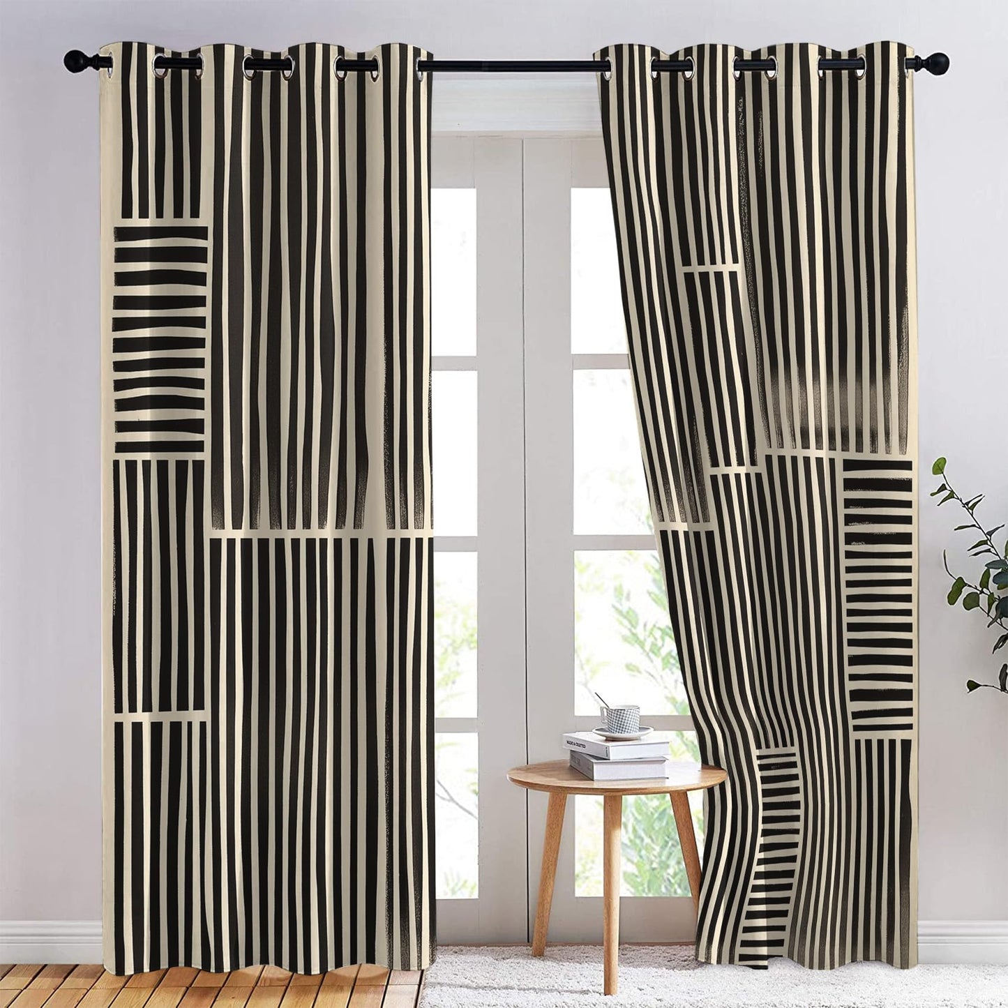 Fizzenobia Striped Curtains Blackout, Thermal Insulated Room Darkening Grommet Drapes for Bedroom & Living Room, Black and Beige Stripe Window Curtains & Home Decor, 54 Inch Drapes 2 Panel Set
