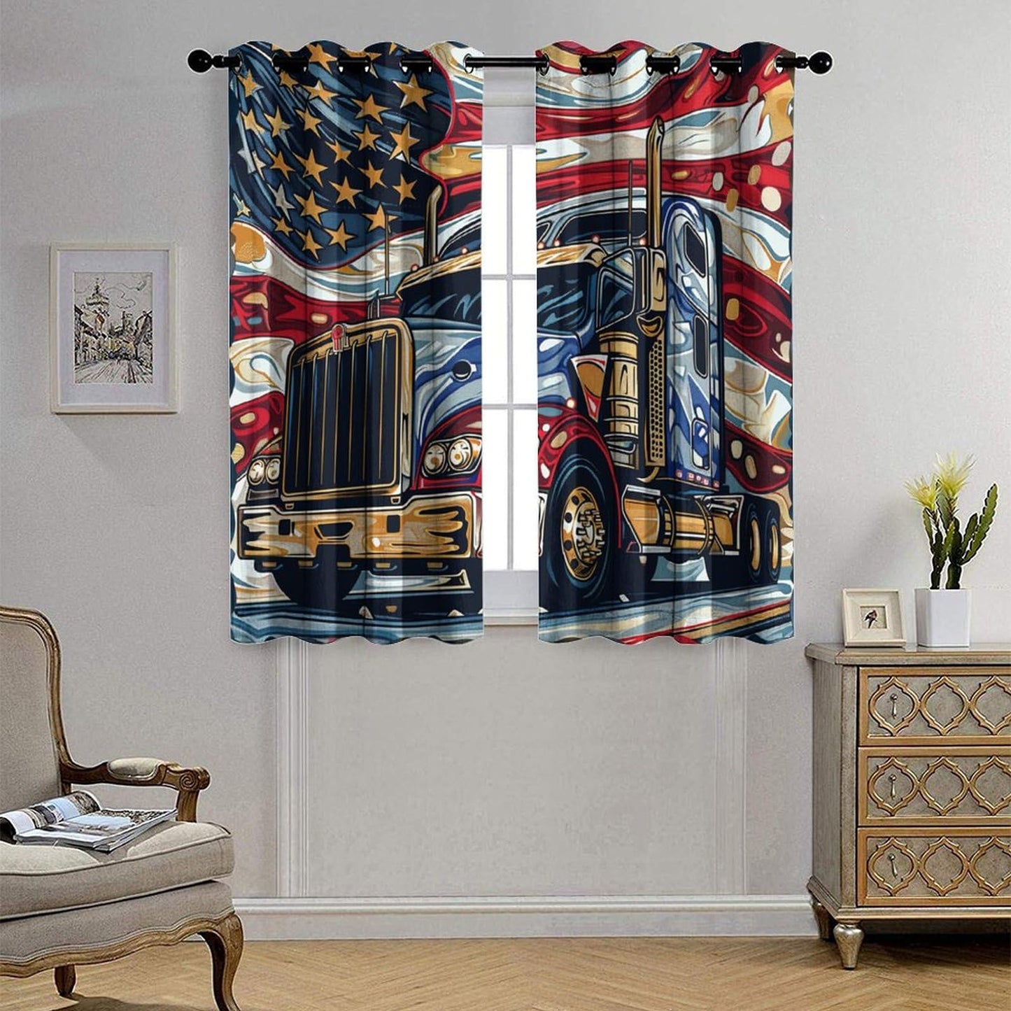 TOWINSFB American Flag Semi Truck Blackout Curtains for Bedroom/Living Room, Classic Vehicle USA Patriotic Grommet Curtains Thermal Insulated Window Drapes, 2 Panels, Each 21W x 63L