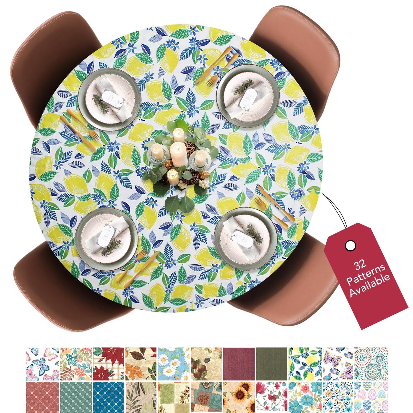 Covers For The Home Deluxe Elastic Edged Flannel Backed Vinyl Fitted Table Cover - Contemporary Lemon Pattern - Extra Large Round Oblong Oval - Fits Tables up to 57" - 65"