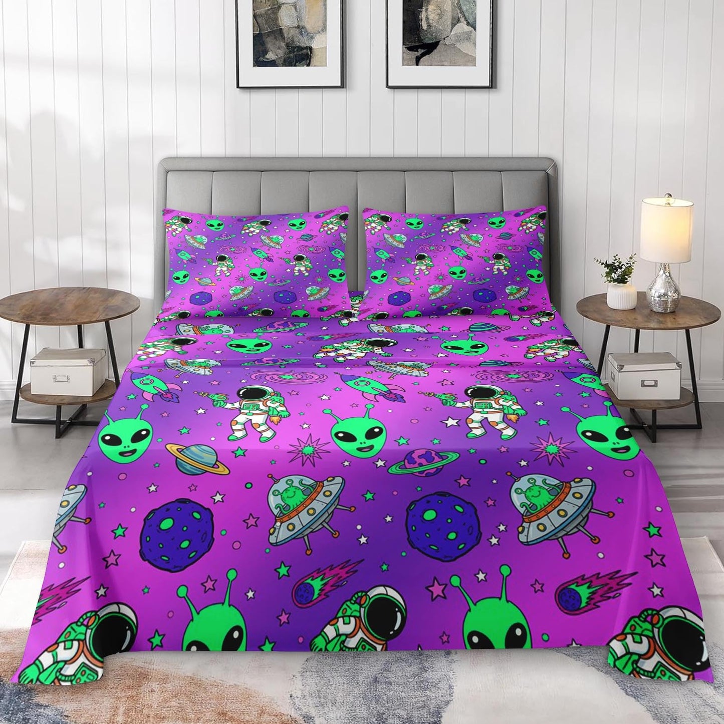Pamnest Full Size Bed Sheet Sets, Alien Space Soft Microfiber 4 Pcs Bedding Sets for Kids and Adults Bedroom Bed Decor, Moon Neon Science Flat, Fitted Sheet and 2 Pillowcases