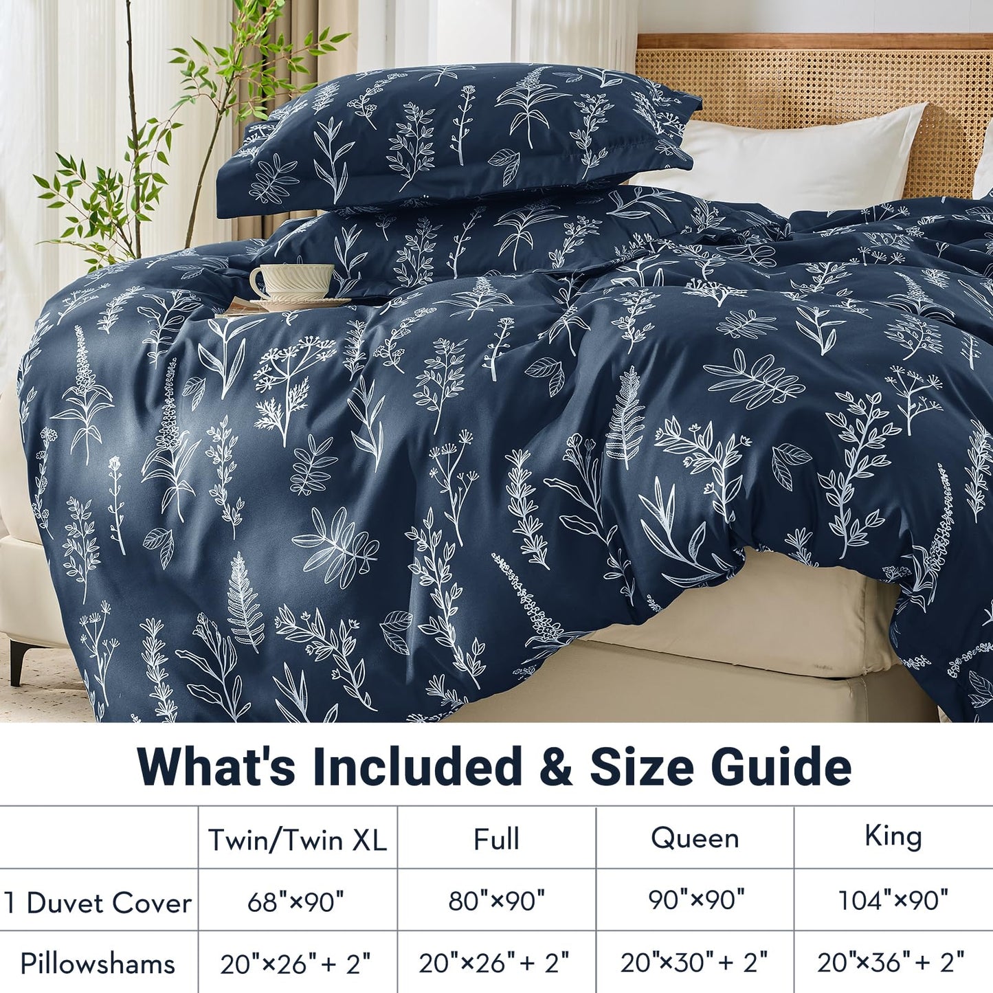 MUXHOMO Duvet Cover Queen Size, Reversible Floral Navy Duvet Cover Set with Zipper Closure, 3 Pieces Botanical Patterns Soft Microfiber Bedding Set with 4 Ties (90"x90", 2 Pillow Cases)