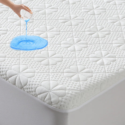 KUTUU Bamboo Viscose Queen Size Waterproof Mattress Protector, Cooling Mattress Pad Cover for Queen Size Bed, Super Soft Queen Size Mattress Cover for 6-18 inches Mattress, White