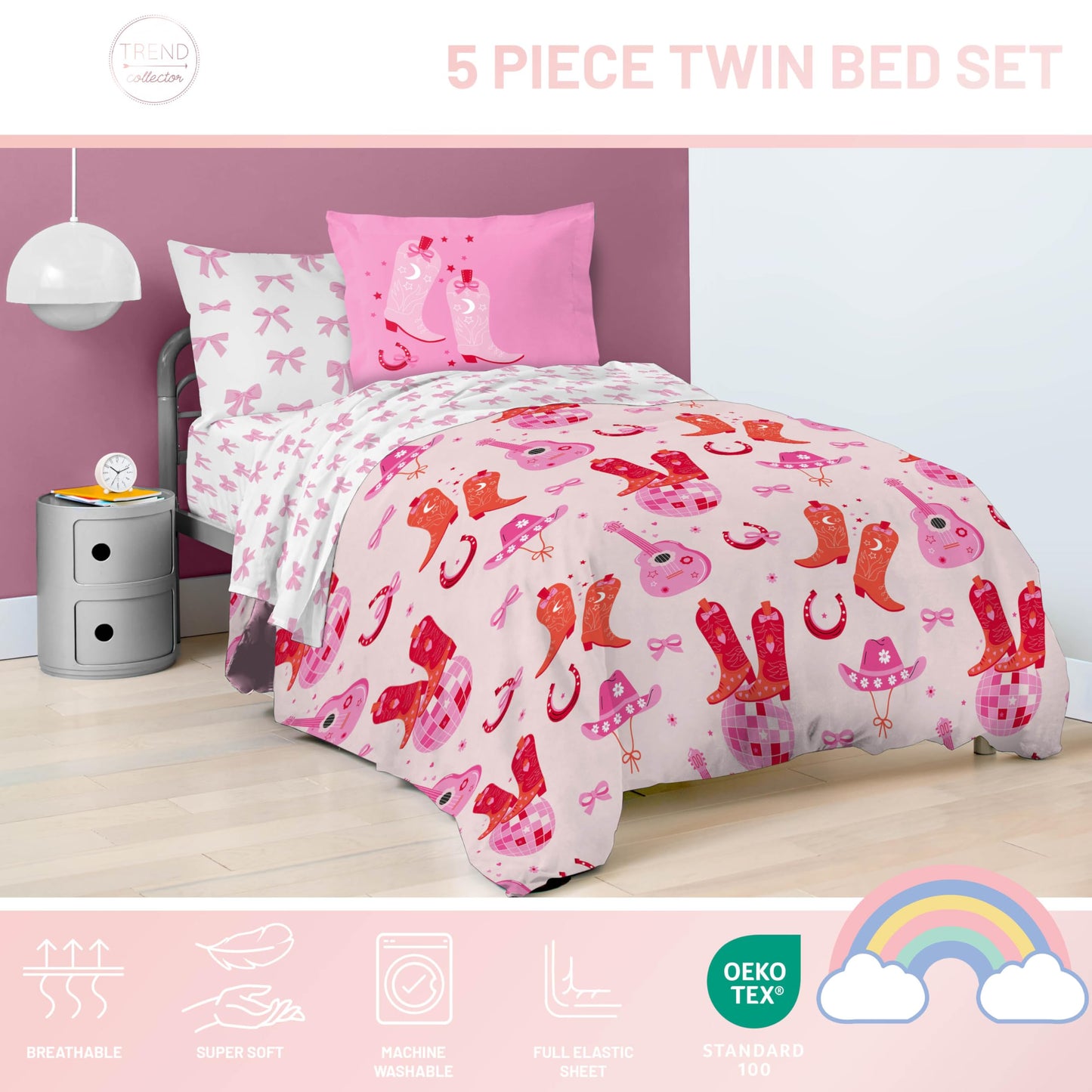 Jay Franco Kids Bed Set, Pink, Cowgirl Boots & Bows, 5 Piece Twin