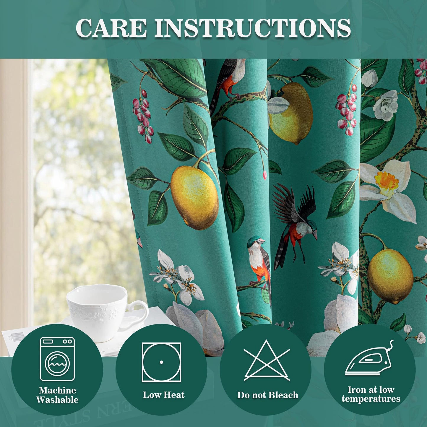 MYSKY HOME Floral Blackout Curtains 84 inch Long for Living Room Vintage Mid Century Style Lemon Hummingbird Patterned Room Darkening Privacy Drapes Grommet Living Dining Room, 2 Pcs, 52"W, Deep Green