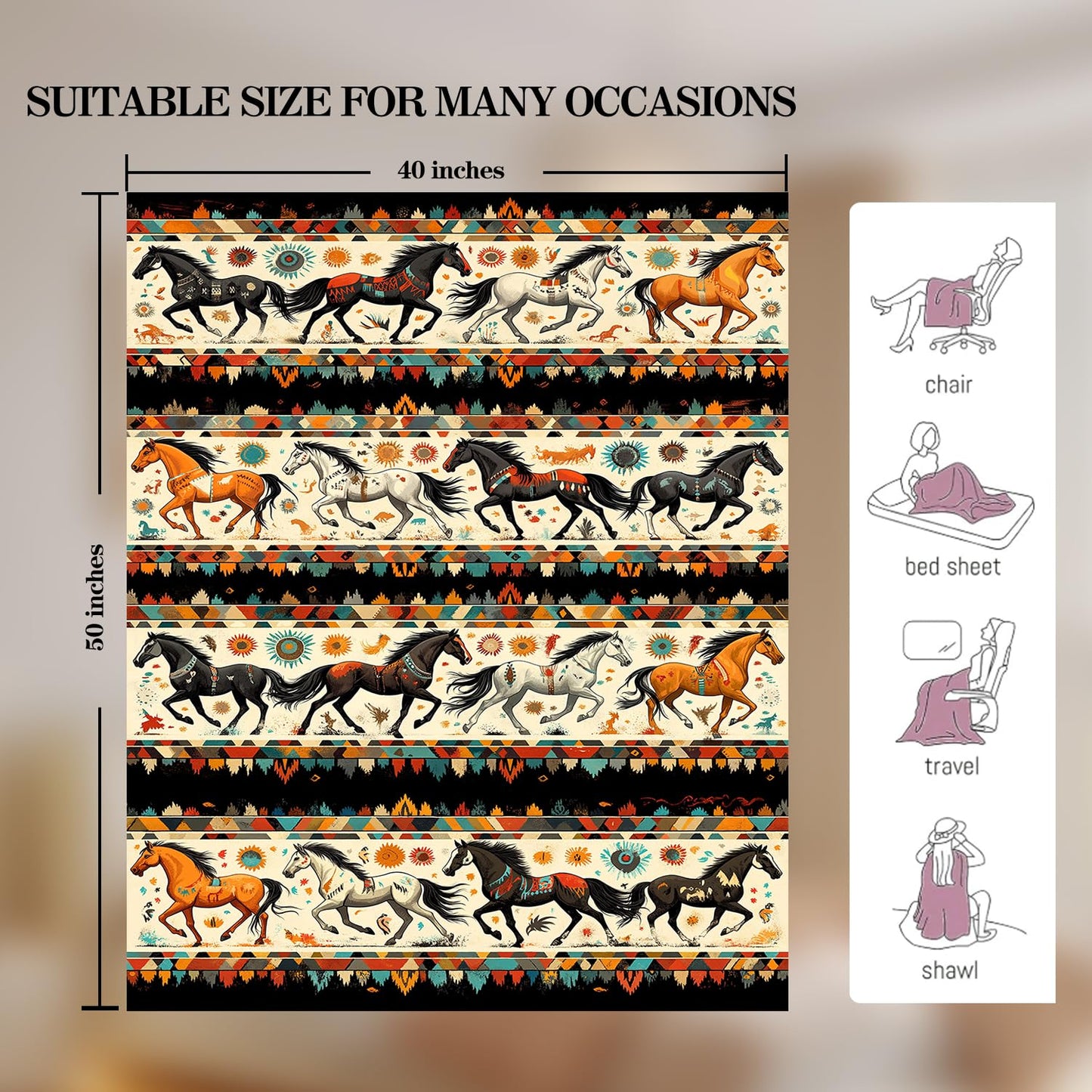 Horse Blanket Horse Fleece Throw Blanket Super Soft Fuzzy Plush Cozy Warm Horses Decor Stuffed Animal Bedding Blankets Gift for Boys, Girls, Men, Women - Kids & Adult 50"x40"