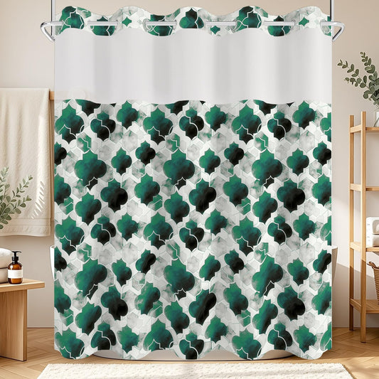 No Hook Shower Curtain with Snap in Liner Set, Green Boho Geometric Watercolor Moroccan Art decor Pattern Waterproof Fabric Shower Curtain for College Dorm Hotel Apartment Bathroom Bathtub, 71x74 Inch
