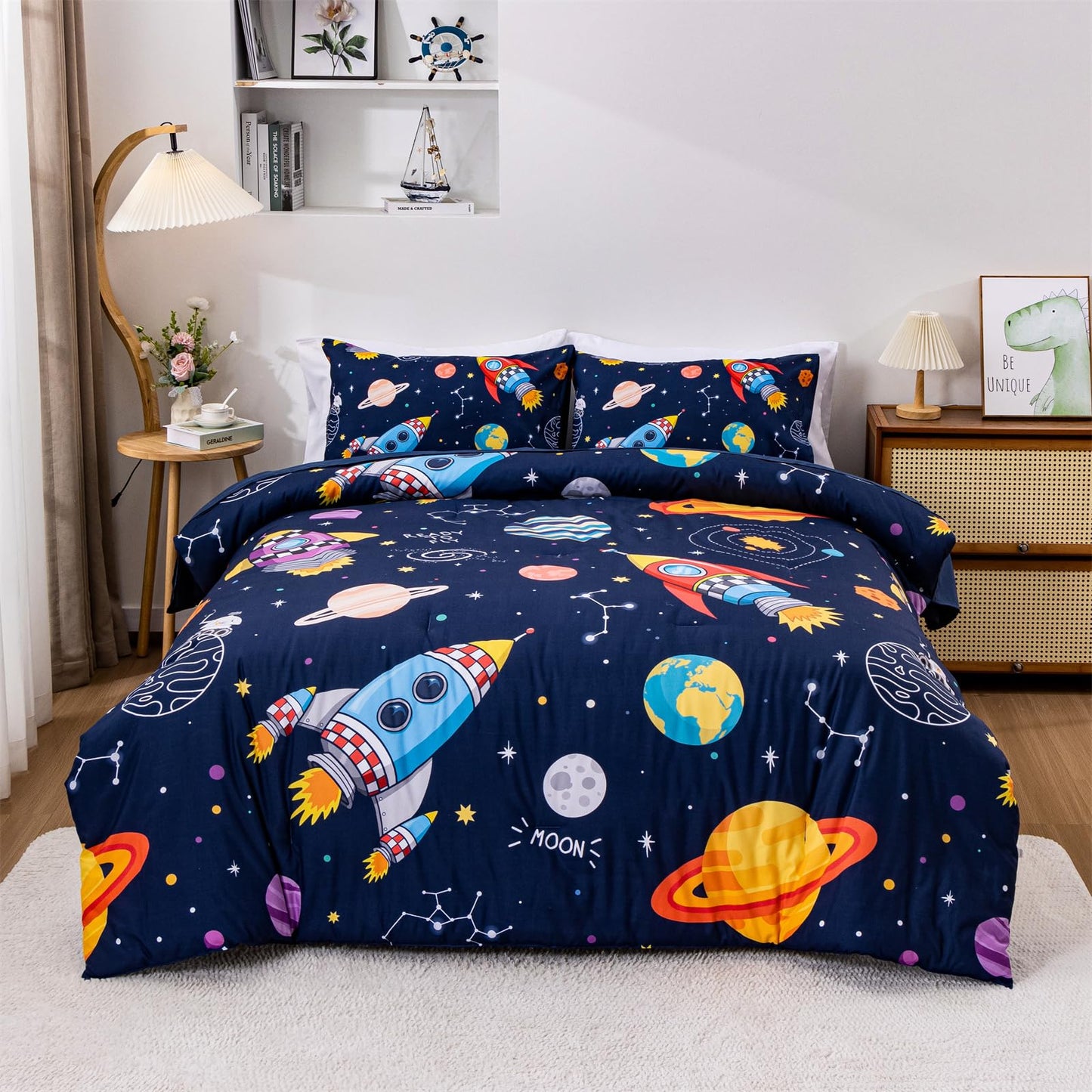 Aimuan Space Comforter Twin Set Kids Rocket Bedding Set Super Soft & Cute Aliens UFO Printed for Boys Girls Teen (Navy, Full 5Pcs)