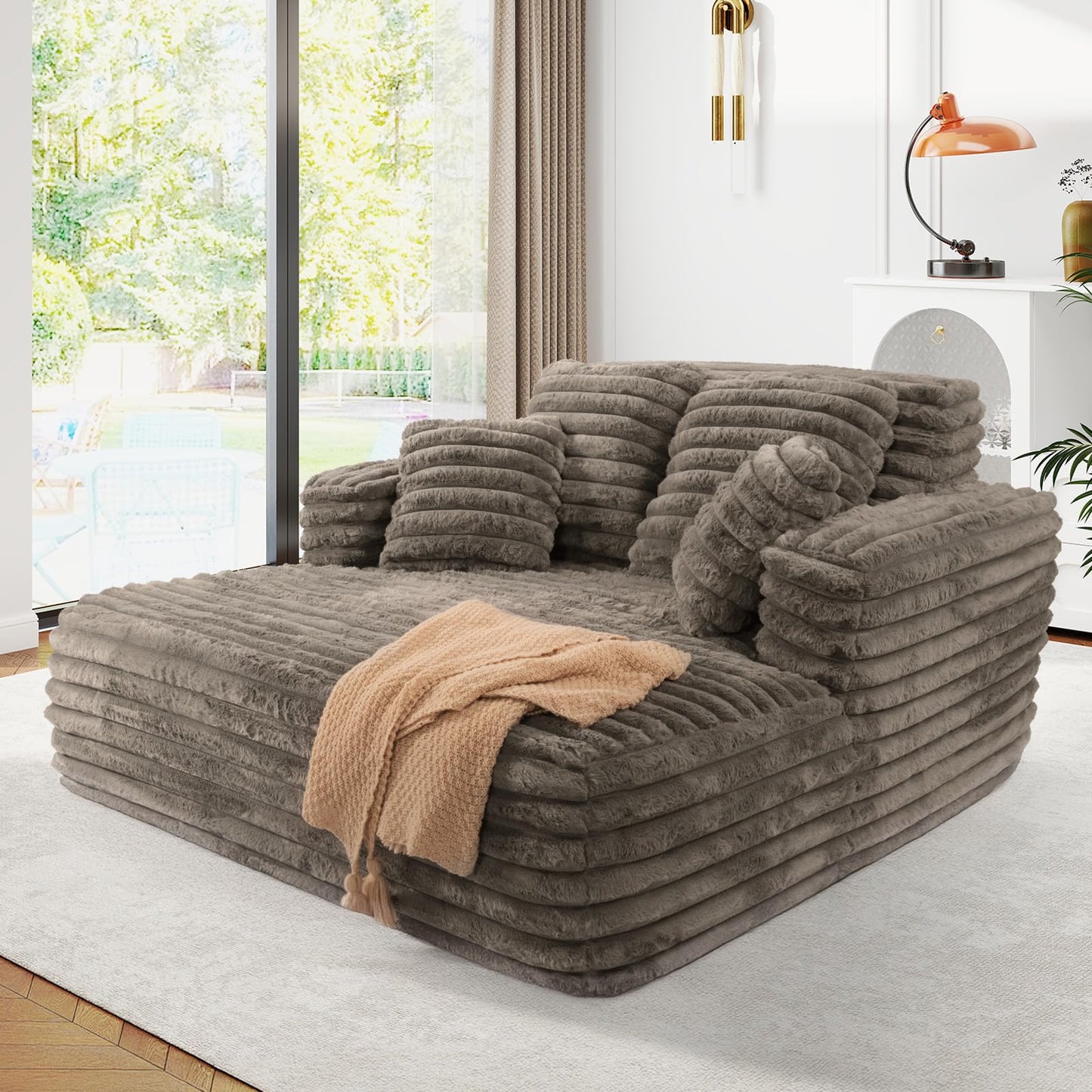 JEEOHEY 56" Oversized Chaise Lounge Chair Indoor,Plush Faux Fur Sleeper Sofa Couch Bed with Pillows&Wide Armrests,Fluffy Comfy Cloud Couch,Compression Foam Couch for Living Room,Bedroom(Brown)