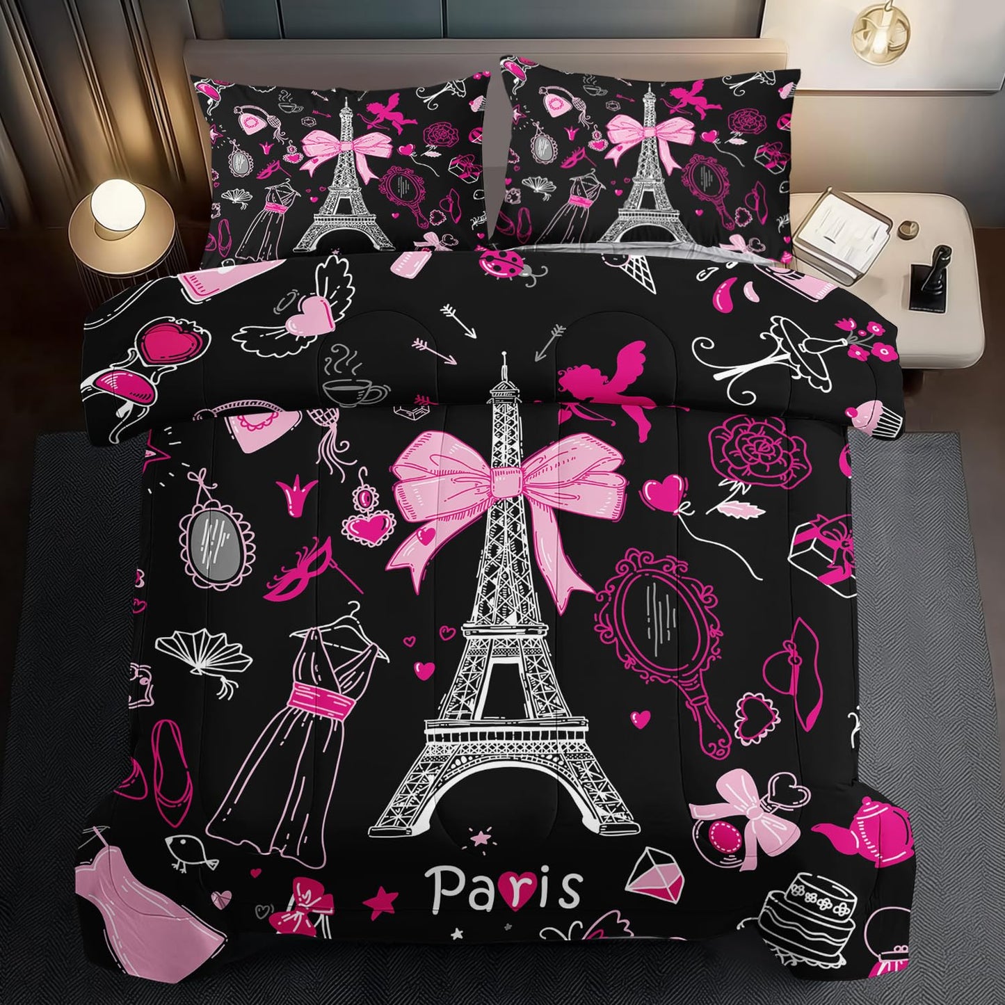 llyxsesty Eiffel Tower Comforter Set King Size,Eiffel Tower Bedding Set for Girls, Pink and Black Paris Themed Comforter Bedroom Decor,Paris Quilt French Style Romantic Bedding