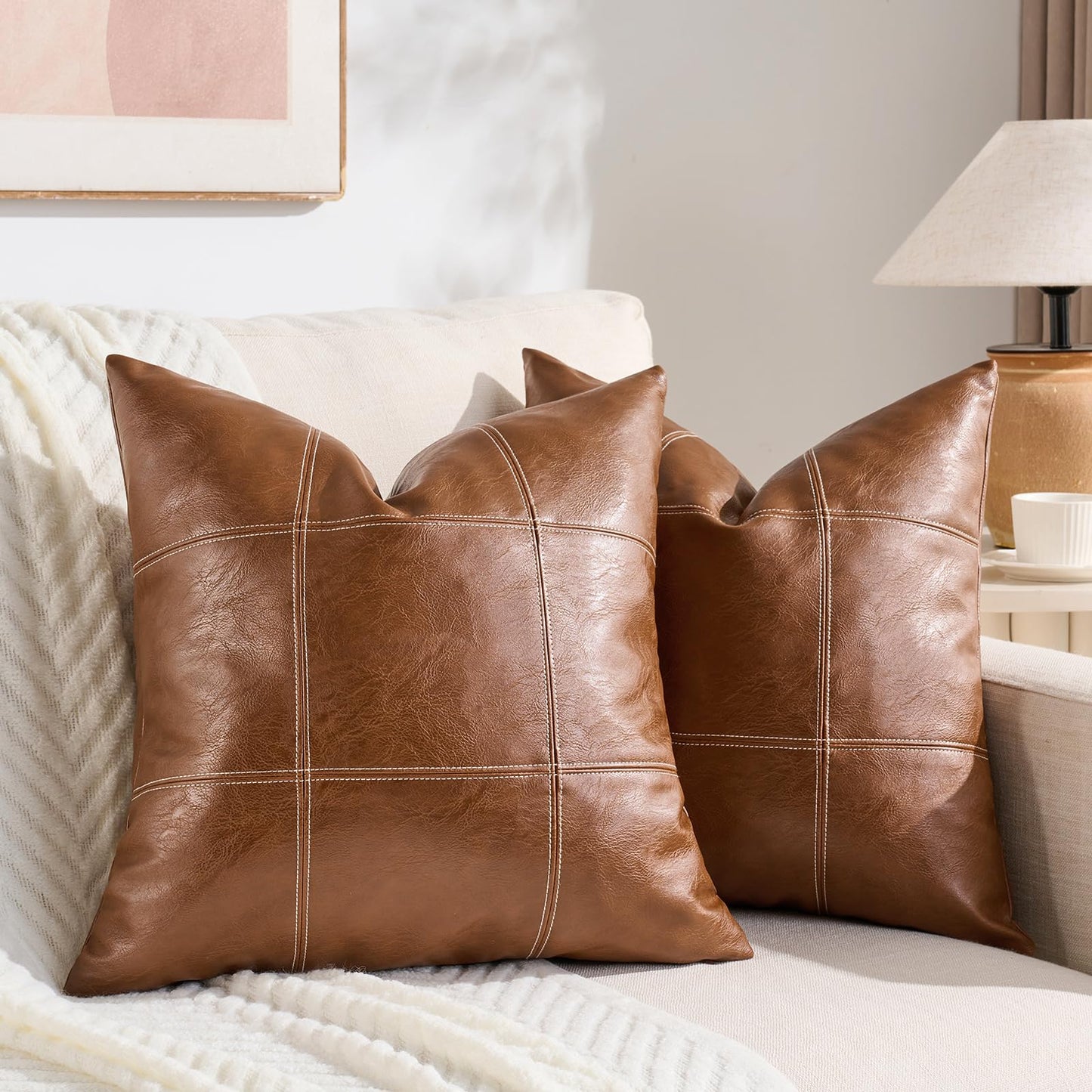 Fancy Homi 2 Packs Boho Brown Waterproof Faux Leather Decorative Throw Pillow Covers 18x18 Inch for Couch Bed Sofa, Modern Farmhouse Home Decor, Hand Stitched Accent Square Cushion Case 45x45 cm