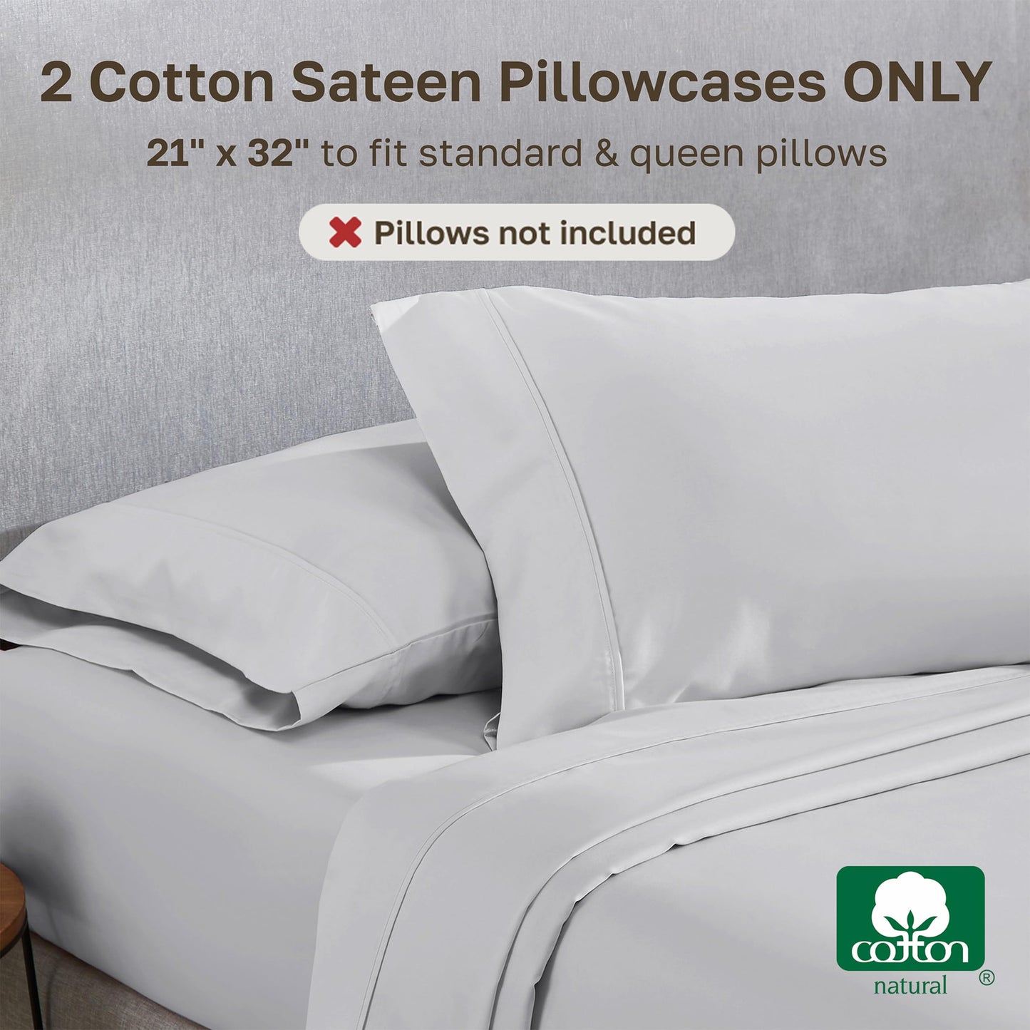 California Design Den Queen/Standard Pillow Cases Set of 2-400 Thread Count Sateen, Natural 100% Cotton Pillowcases Queen, Soft, Roomy and Breathable - Silver