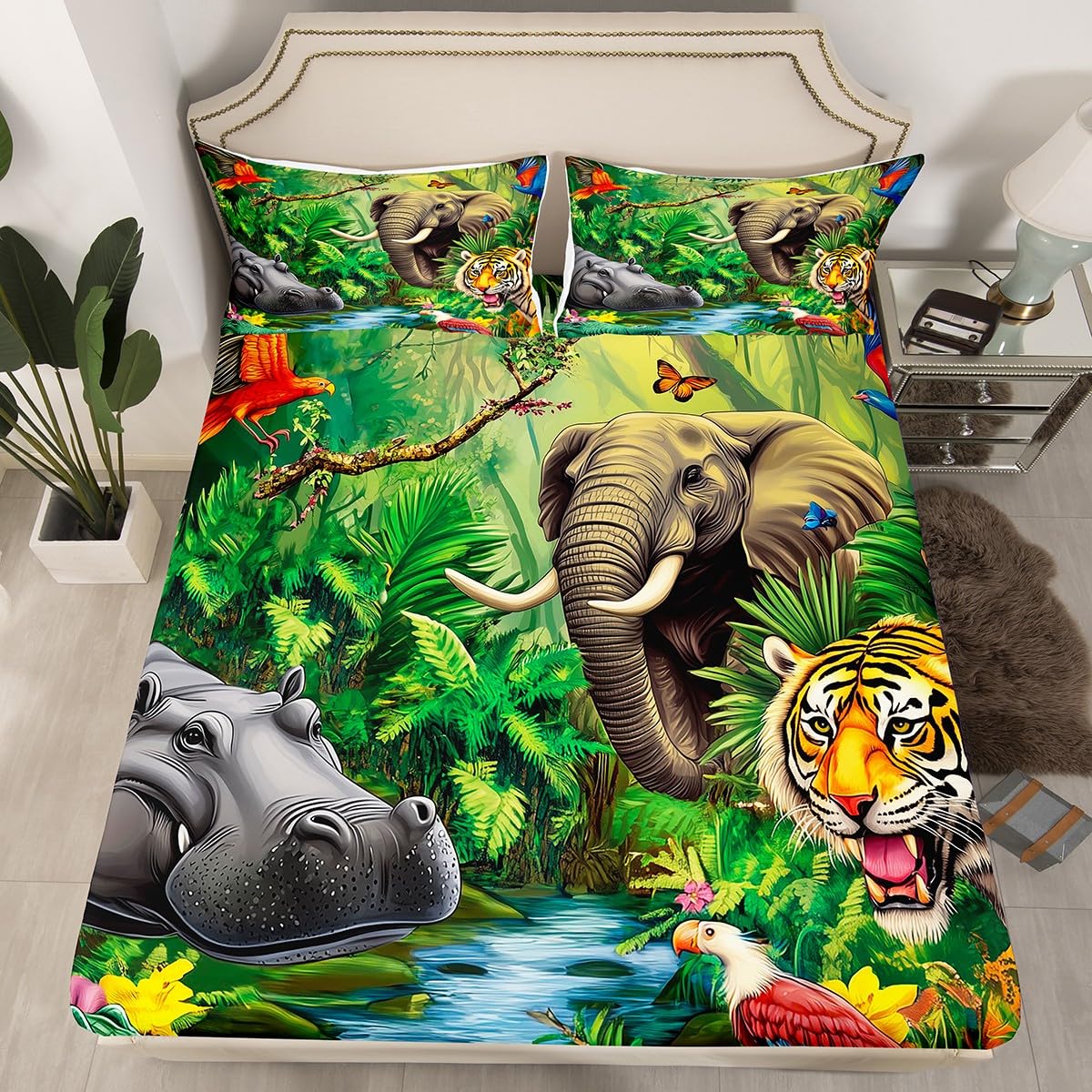 Jungle Animals Fitted Sheet Twin Crocodile Hippo Elephant Tiger Bedding Set African Safari Animal Printed Bed Cover Set Cartoon Zoo Theme Fitted Bed Sheets with 1 Pillow Case No Top Flat Sheet