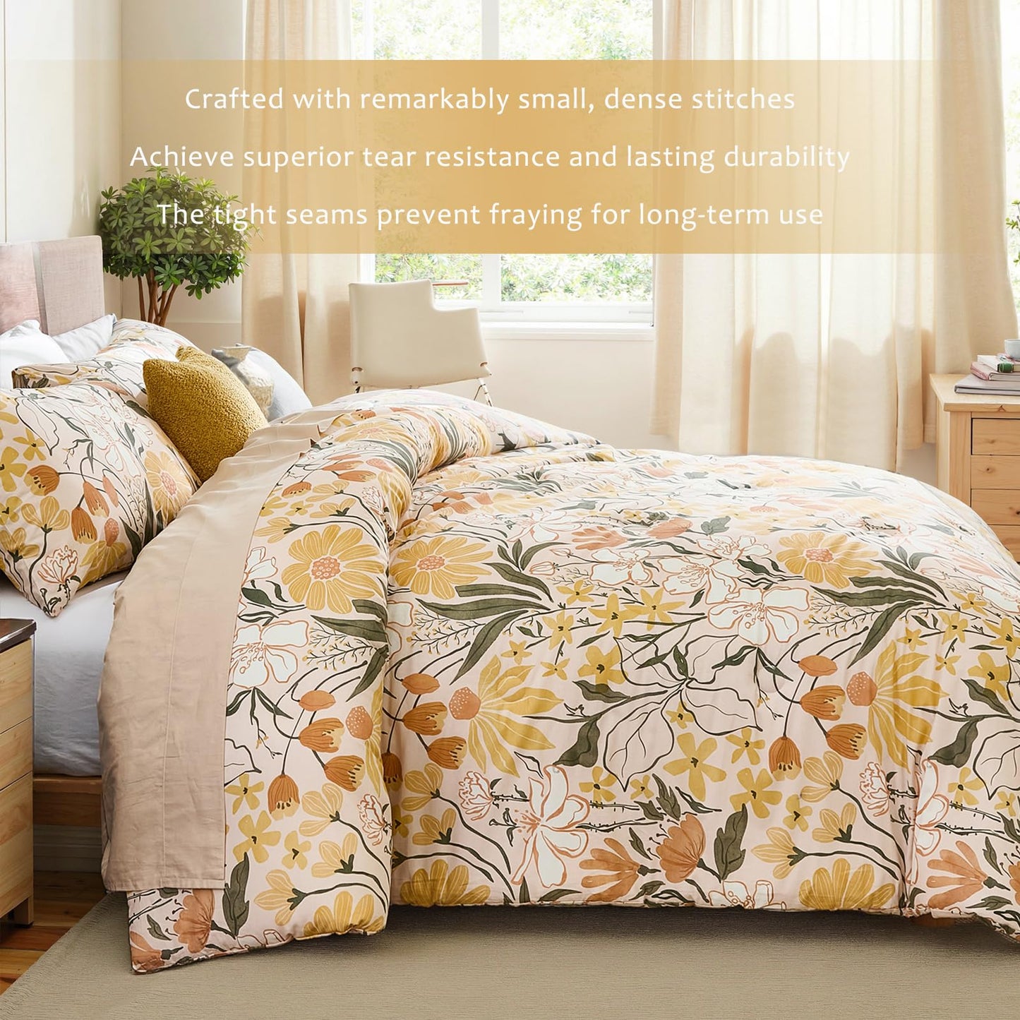 Bedorm 100% Cotton Comforter Set Queen Floral Bedding Set Yellow Flower Green Leaf Print French Country Bedding Extra Soft & Breathable Bedroom Comforter