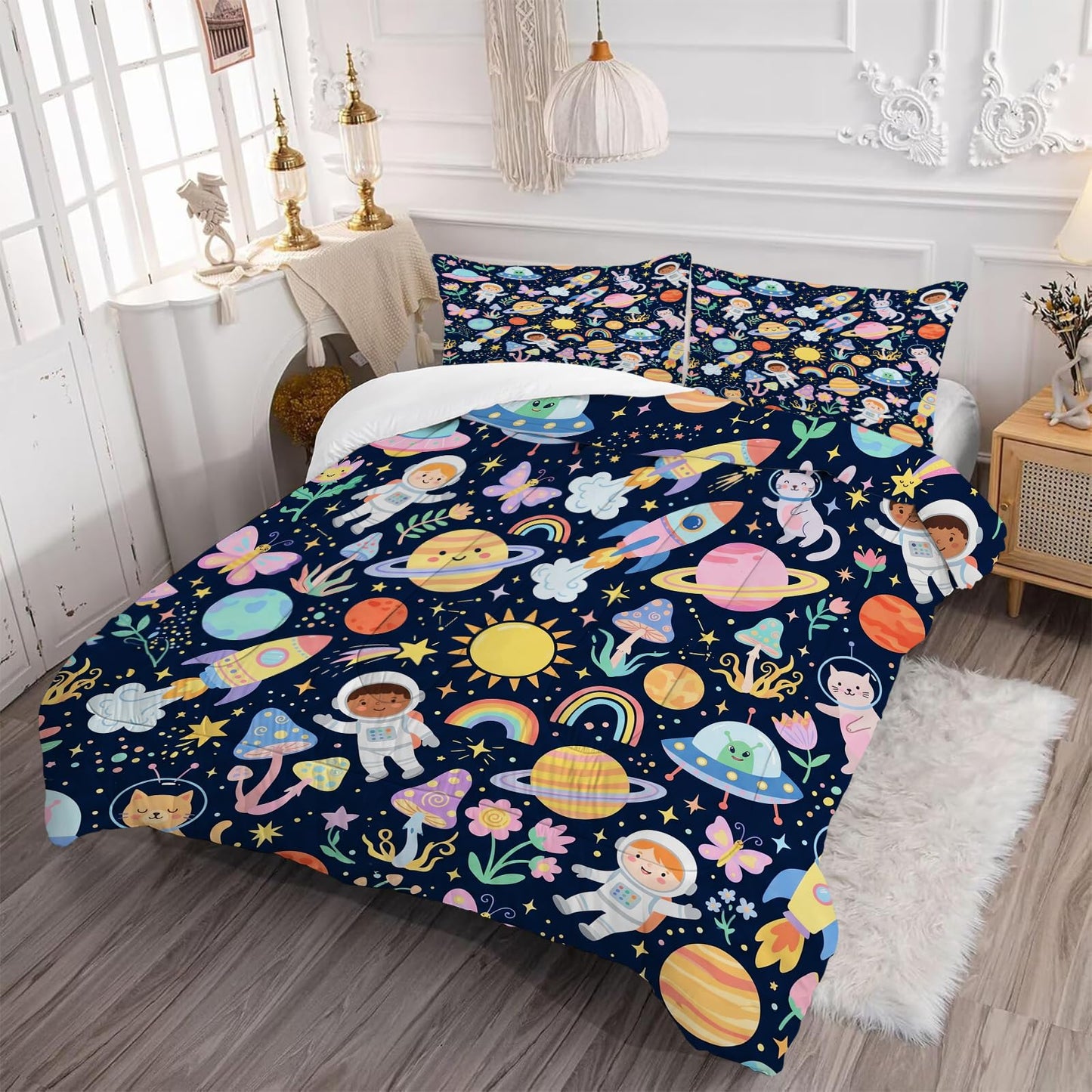 DJNEAR Kids Space Adventure Comforter Set, Astronaut and Rocket Print Bedding Set Full Size for Kids Boys Girls Teens, Soft Microfiber Room Decor 1 Comforter 2 Pillowcase