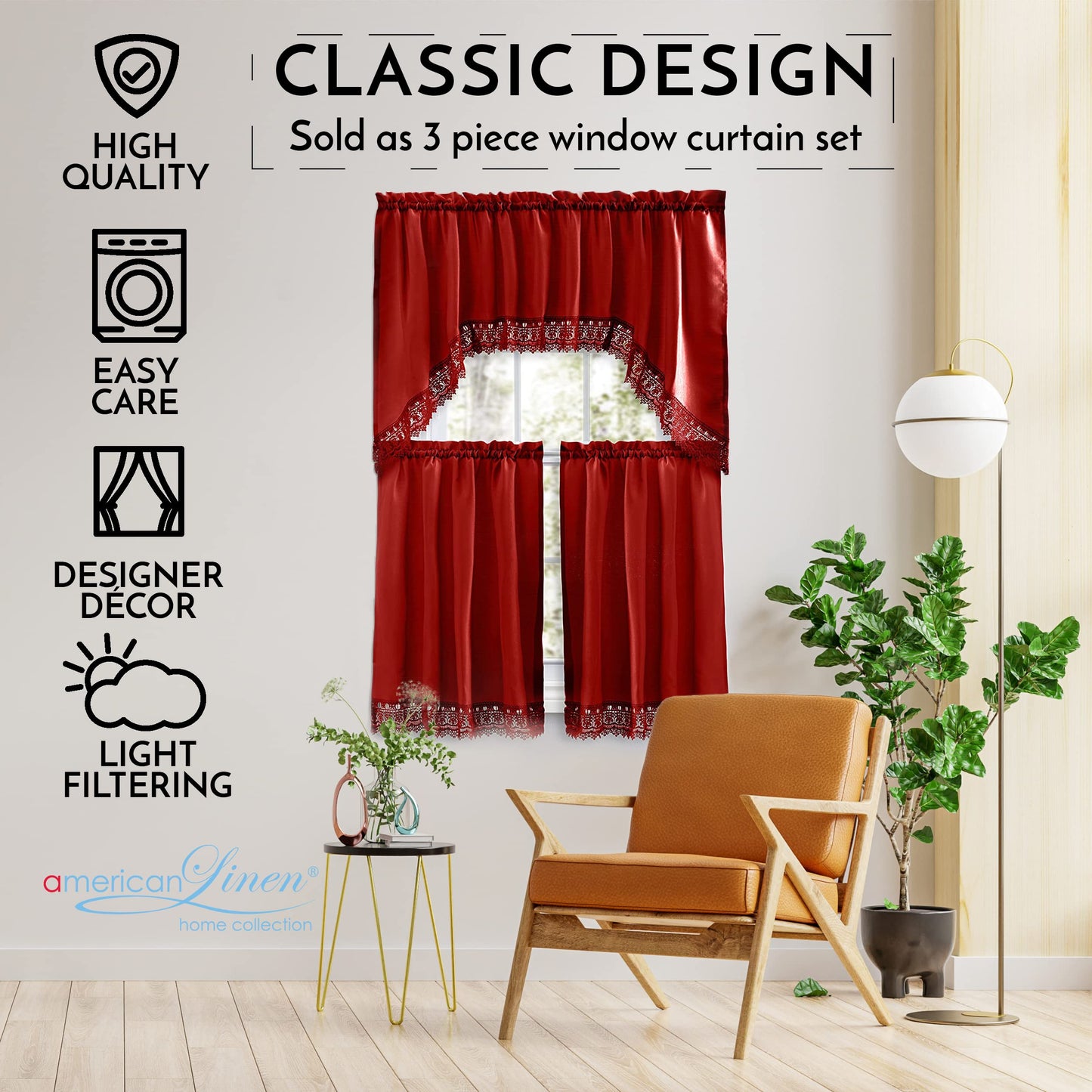 American Linen 3-Piece Kitchen Café Curtains with Embroidered Lace (Red)