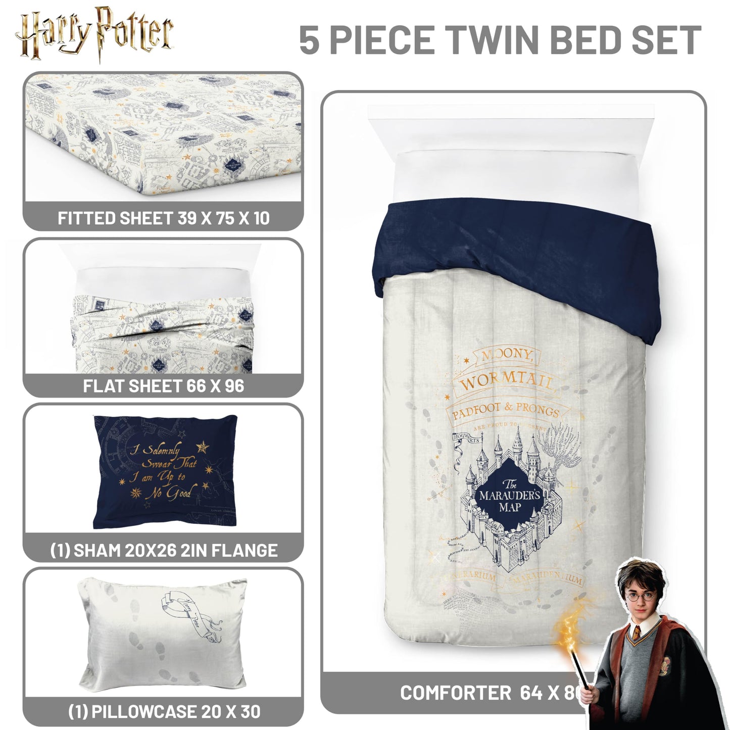Jay Franco Kids Bed Set, Beige, Harry Potter, 5 Piece Twin