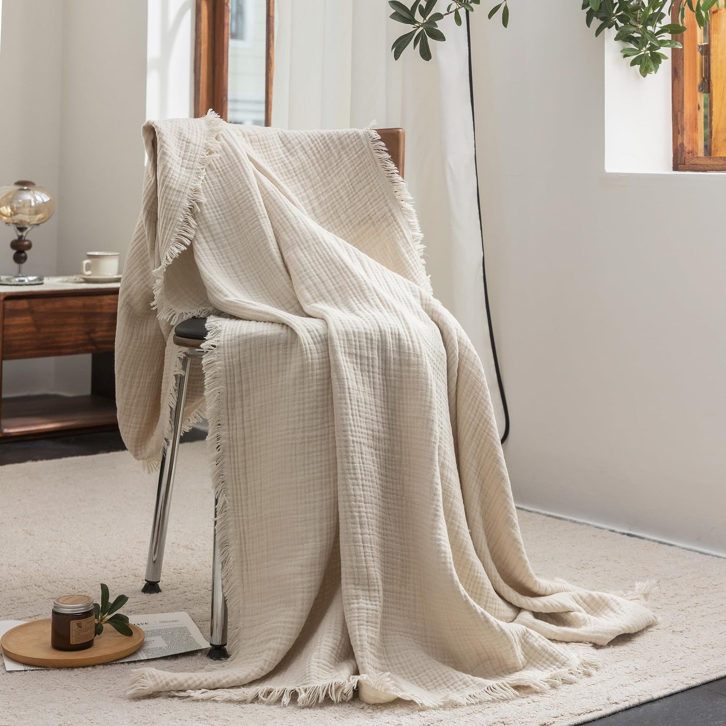 FOSSA Muslin Blanket with Fringe - 4-Layer 100% Cotton Gauze Super Soft & Breathable Throw -Lightweight Decorative Cooling Blanket for Bed, Sofa, Office (Beige, Throw (60" × 50"))