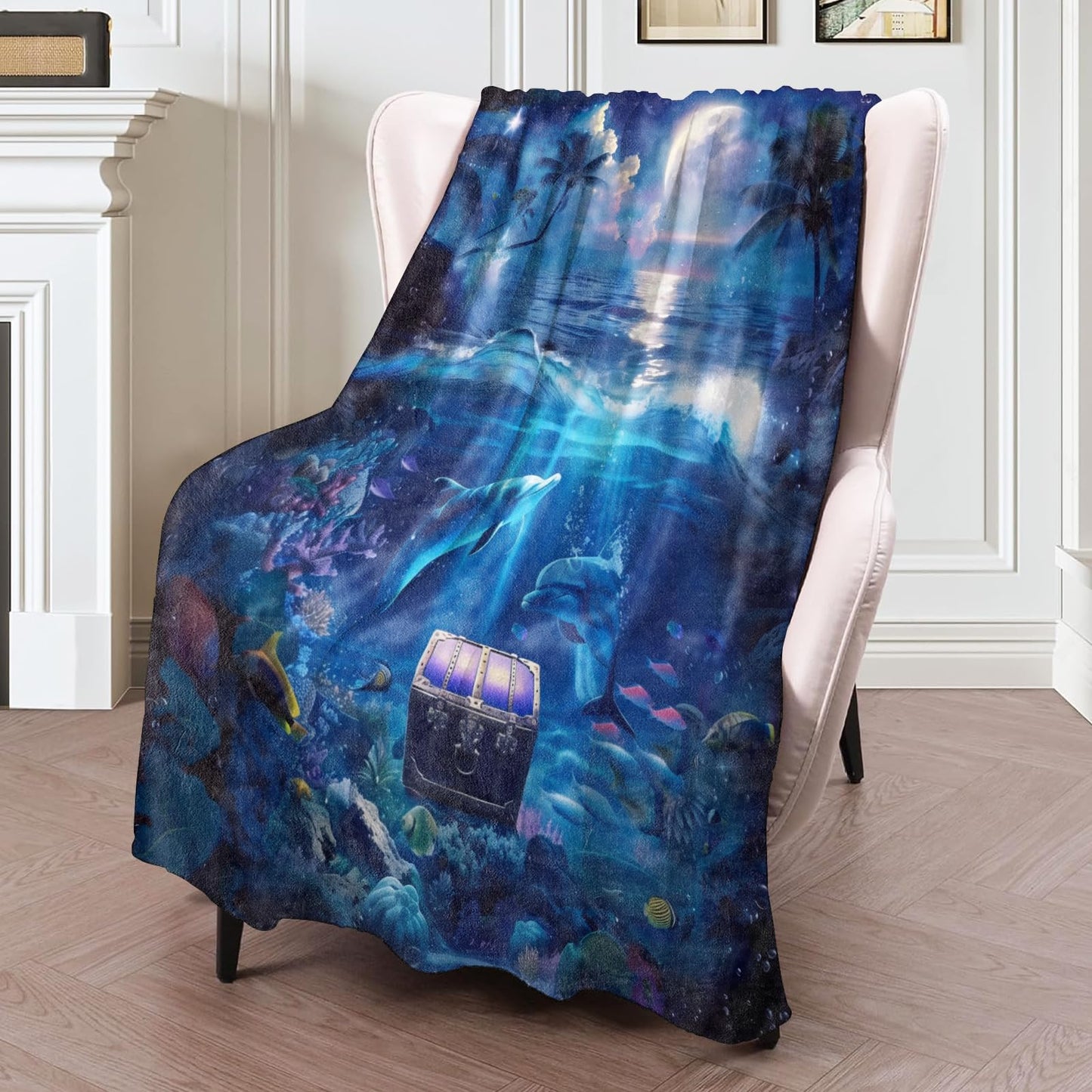 ICAAV Dolphin Ocean Blanket 50×60 Inch,Magical Moonlight Sea Lightweight Flannel Throw with Coral Reef, Treasure Chest and Marine Life, Fantasy Decor,Gifts for Kids, Teens,Dreamers