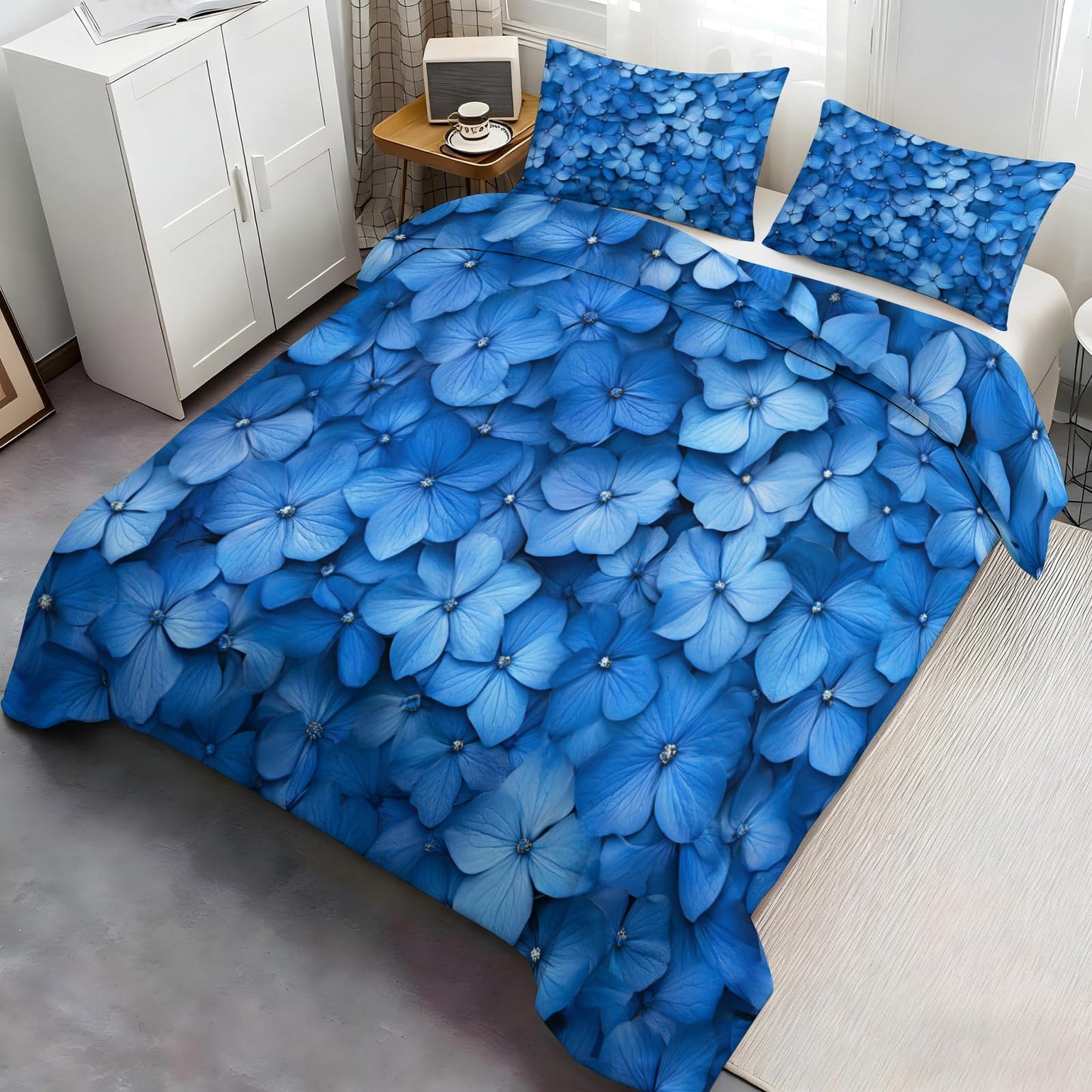 GKPLY Blue Floral Duvet Cover Queen, Nordic Florals Bedding Set & Home Decor, Navy Blue Comforter Set, Zipper & Ties, Reversible Print Soft Microfiber Bedding Duvet Cover & 2 Pillow Cases,