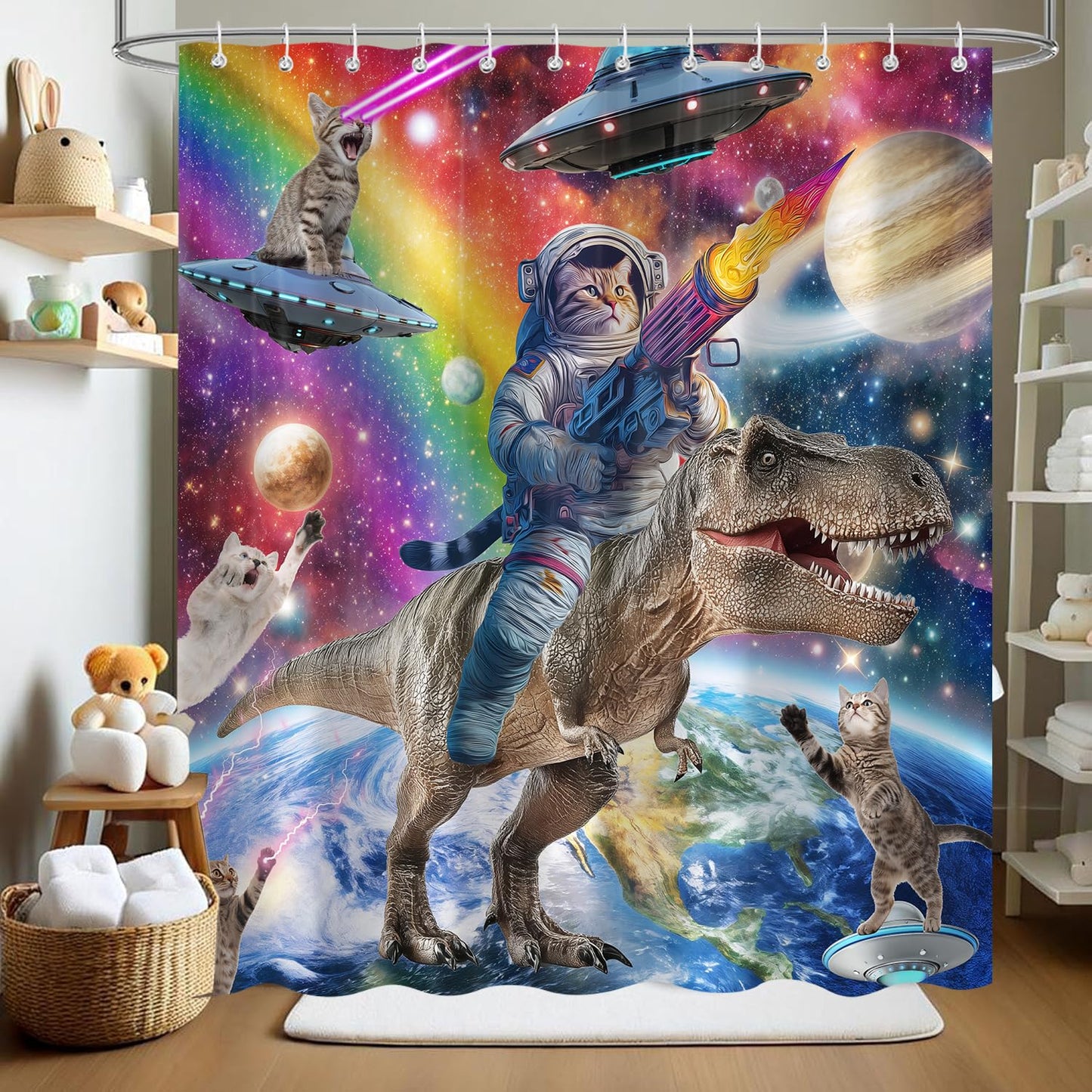 Aeyadis Funny Cat Riding Dinosaur Shower Curtain, Cool Cute Space Fantasy Galaxy Kids Shower Curtains Decor for Boys Girls Bathroom Set, Washable Waterproof Fabric with 12 Hooks, 72x72 Inch