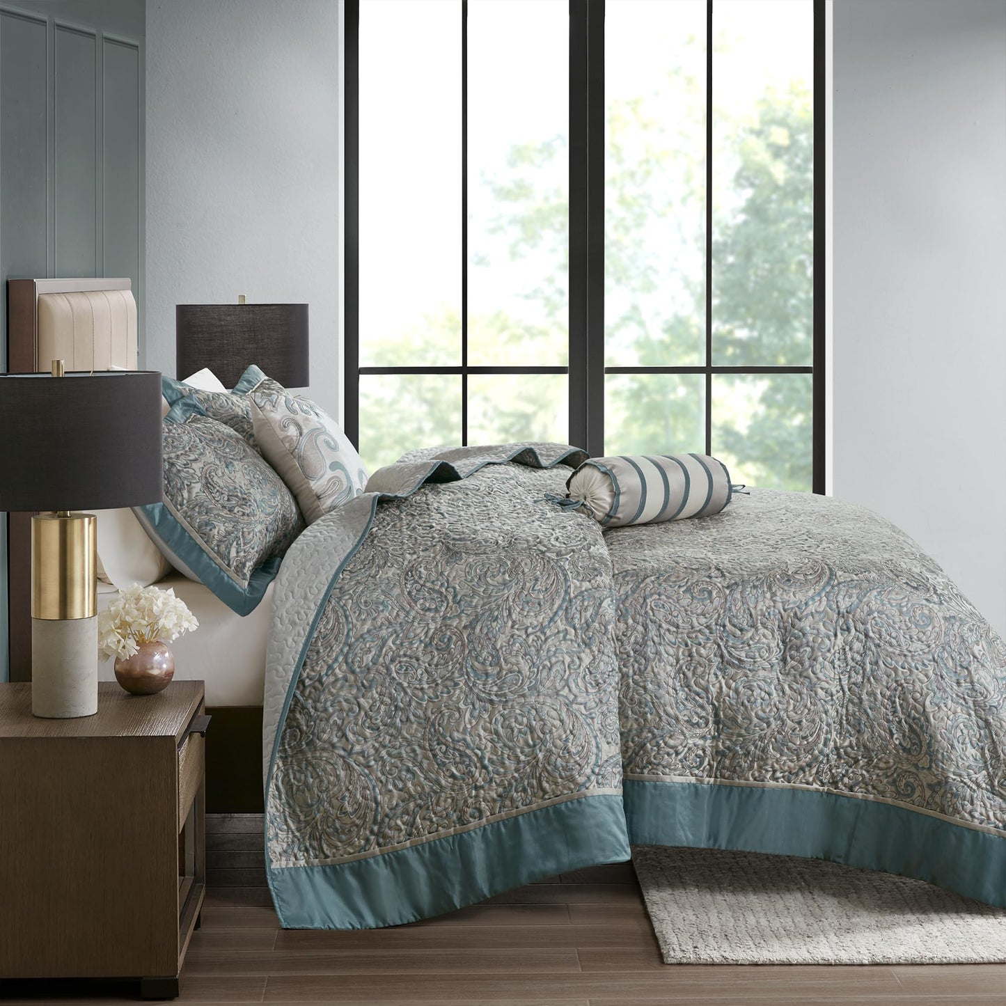 Madison Park Aubrey Reversible Quilted Bedspread Set, Solid Reverse Summer Breathable, Lightweight All Season Bedding Layer, Matching Shams, Bedspread Queen(102"x118") Teal 5 Piece