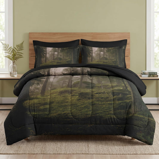 Pamnest Comforter Set Queen Size, Tree Forest 7 Pcs Bedding for Kids and Adults, Mystic Mountain Plant Leaf Bed Sheet Sets with Fitted Sheet 2 Pillowcases & 2 Shams for Bedroom Bed Decor