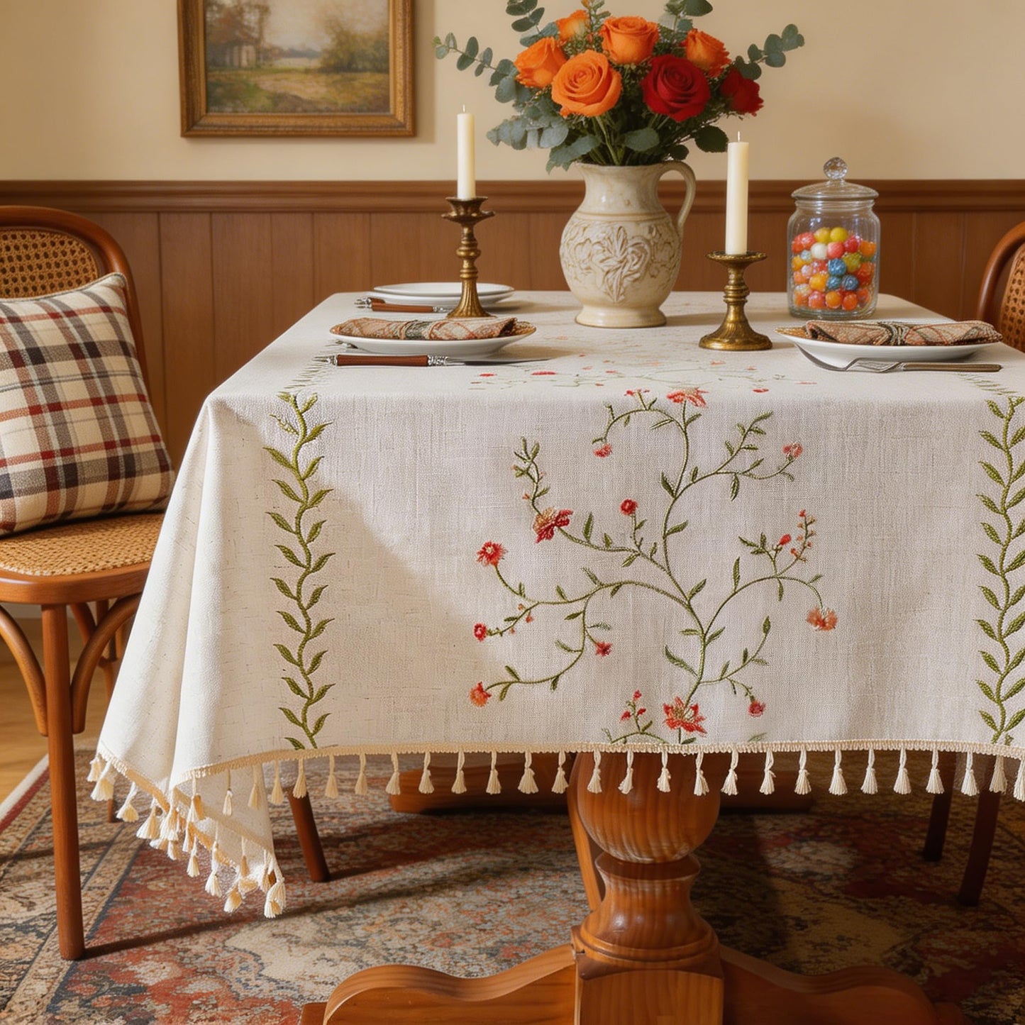 Laolitou Summer Pink Floral Table Cloth Rectangle Table, Embroidery Heavy Duty Cotton Linen Tablecloth, Farmhouse Rustic Waterproof Wrinkle Free Tablecloths with Tassels, Pink Flower, 55×75 Inch