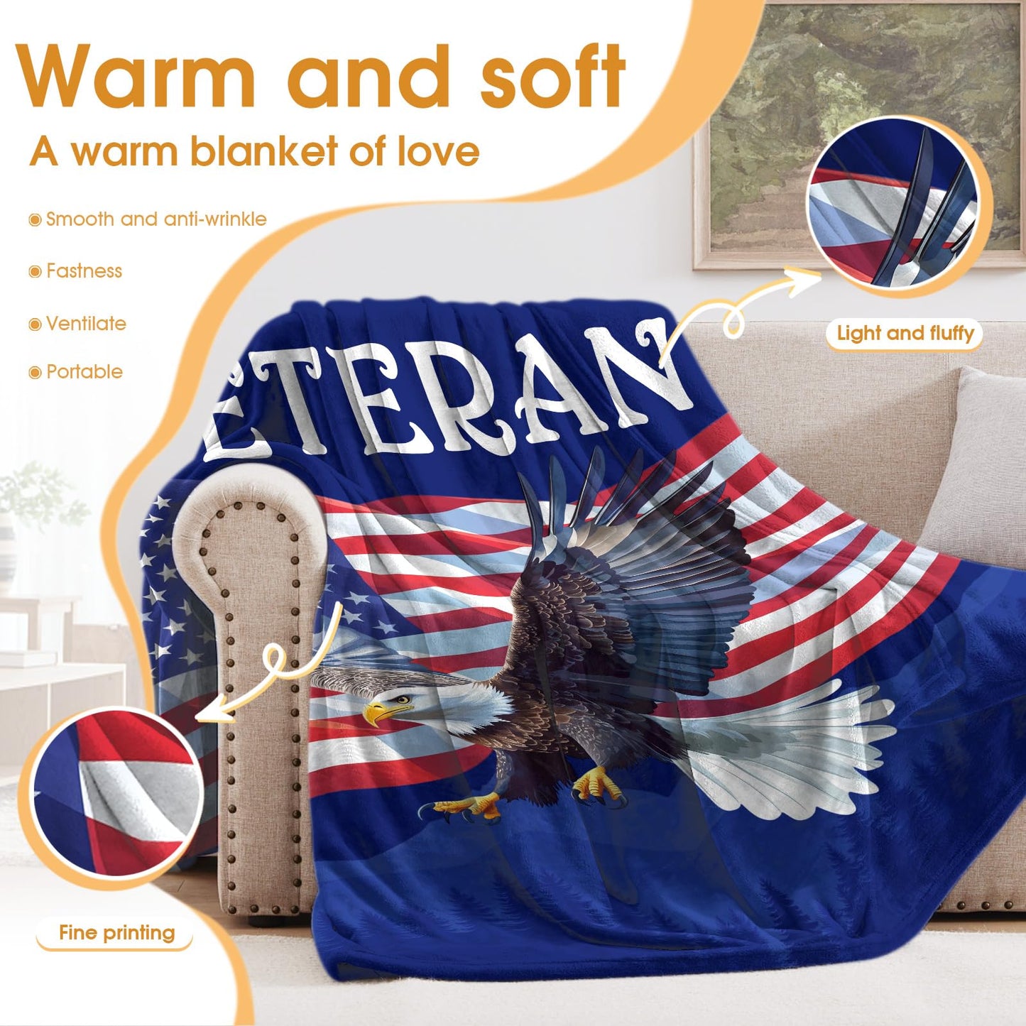Hohoto Veteran Gifts for Father Dad Men, American Stars Flag Eagle Throw Blanket Present for Veterans Day Retirement Birthday Christmas 50"x60"
