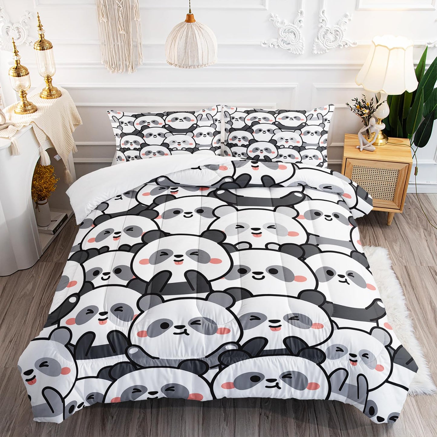 XYNHML Kawaii Cartoon Black White Panda Bedding Animal Themed Comforter 3Pcs Full Bear Pattern Bedding Set for Kids Teens Girls Boys Bed Decor Emoticon Panda Quilt with 1 Comforter and 2 Pillowcases