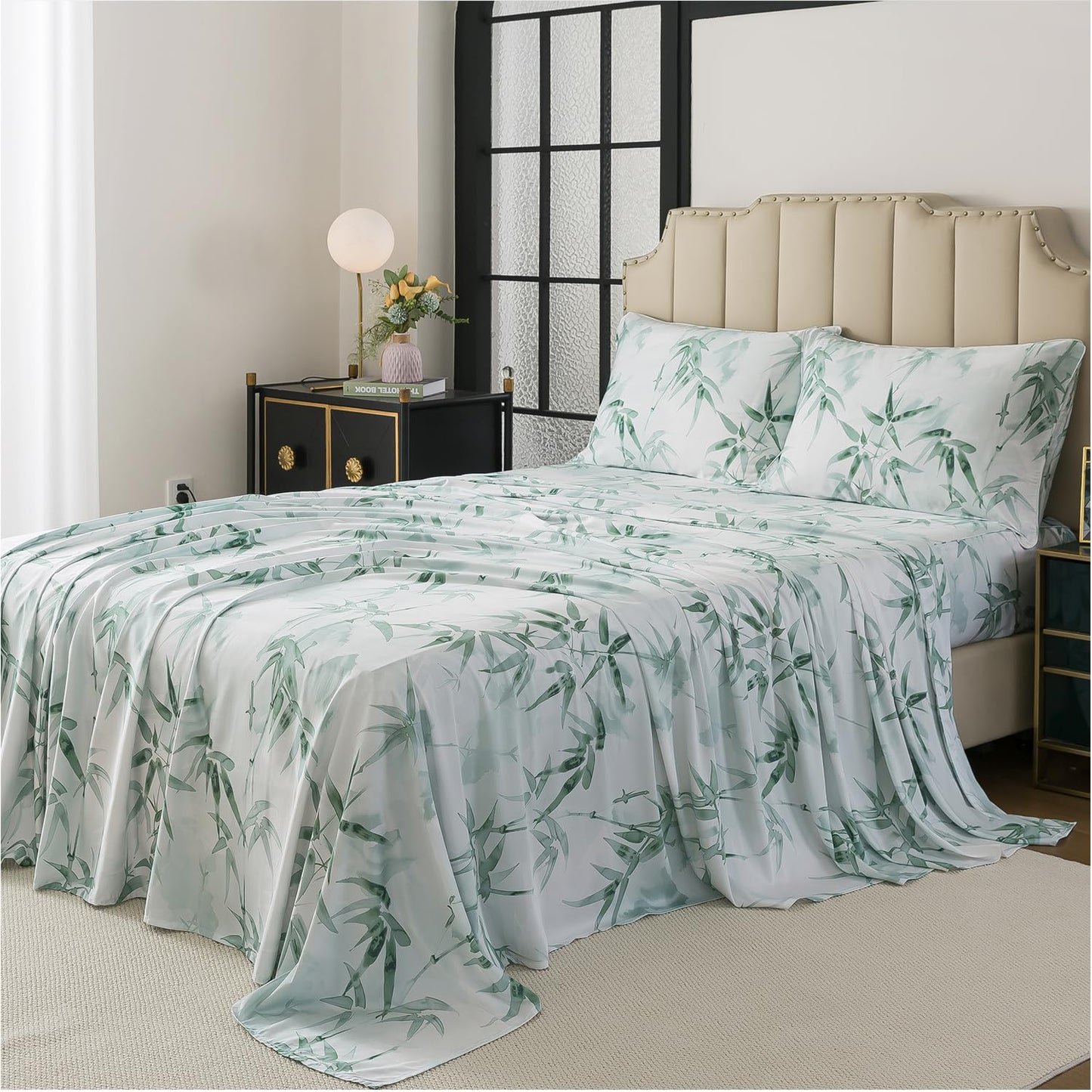 FADFAY Twin Size Sheet Set, 70% Viscose Derived from Bamboo, 30% Cotton 4 Pieces Country Style Green Leaves Print Bedding, Deep Pocket Fitted Sheet
