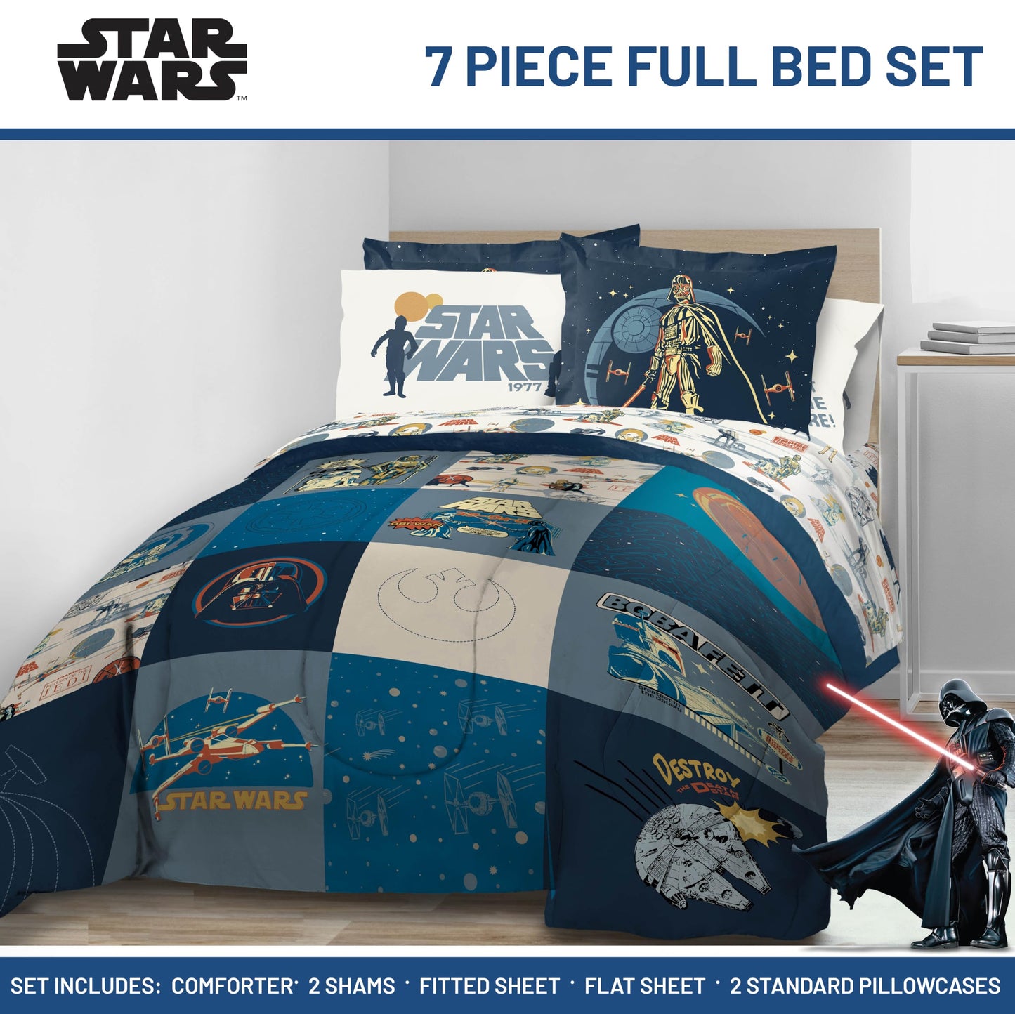 Jay Franco Kids Bed Set, Blue, Star Wars, 7 Piece Full
