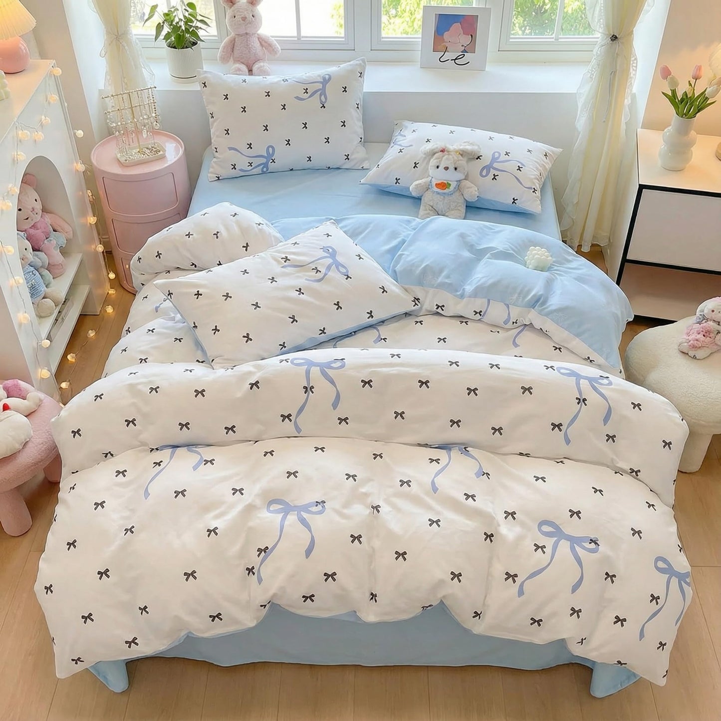Sedefen Blue Bow Duvet Cover Queen Size Black Bowknot on White Duvet Cover 3 Pieces Kids Boys Girls Cute Bows Printed Princess Style Bedding Set with 2 Pillowcases Soft Microfiber