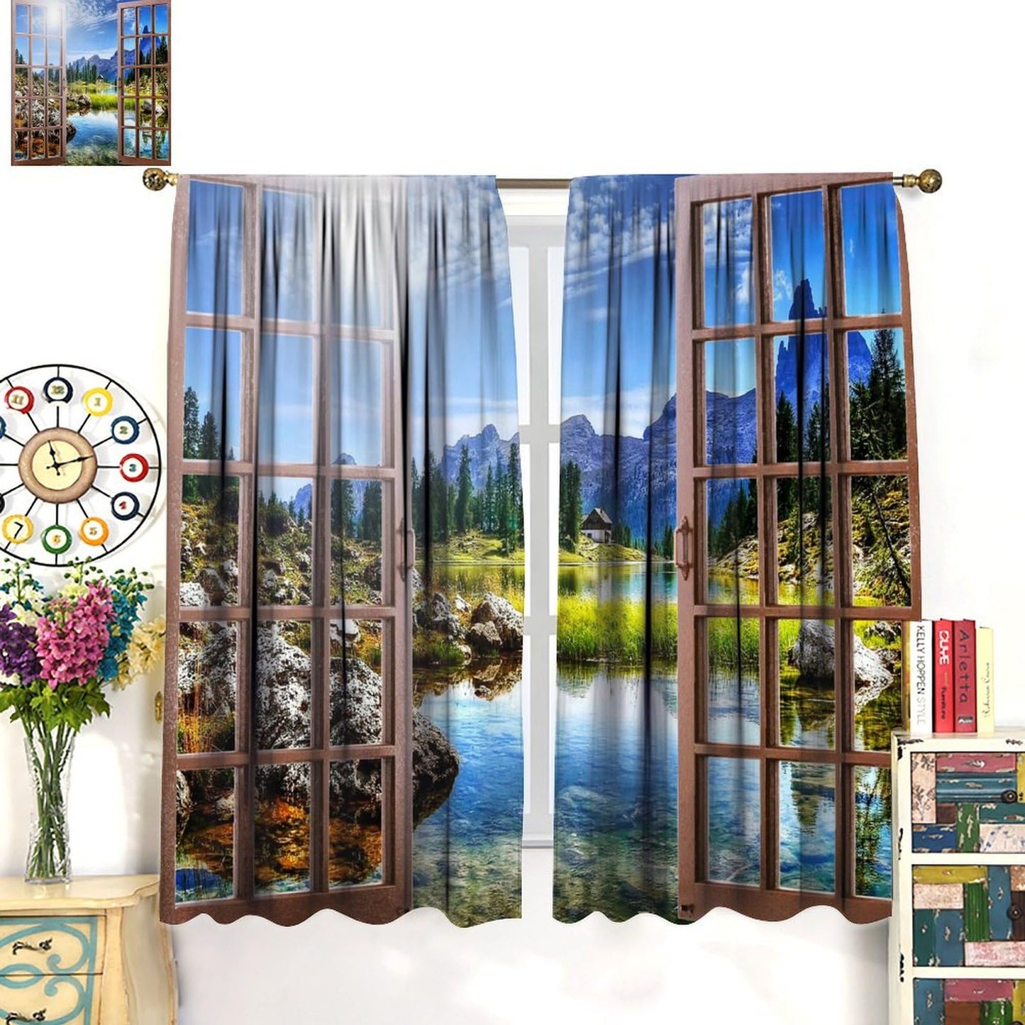 Forest Landscape Curtains,Wooden Window Nature Scenery Mountain Waterfalls Landscape Rustic Farmhouse Style Print Window Drapes For Bedroom Living Room Kitchen Decor,2 Panel Set,52x84 Inch Blackout