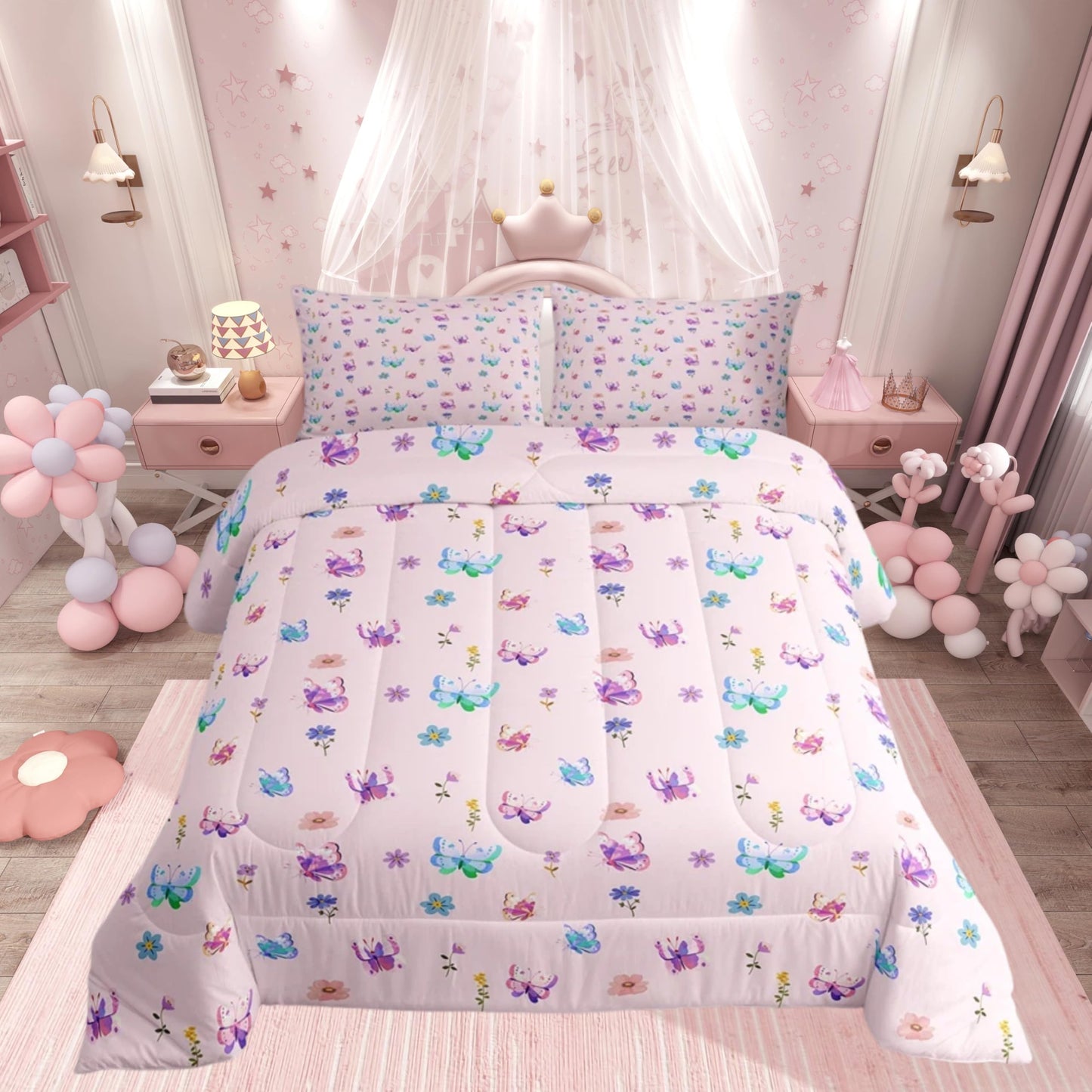 Feelyou Butterfly Kids Comforter Set Full Size Floral Bedding Set Farmhouse Garden Duvet Quilt for Kids Boys Girls Bedroom Cute Decor Purple Pink Microfiber Ultra Soft Breathable
