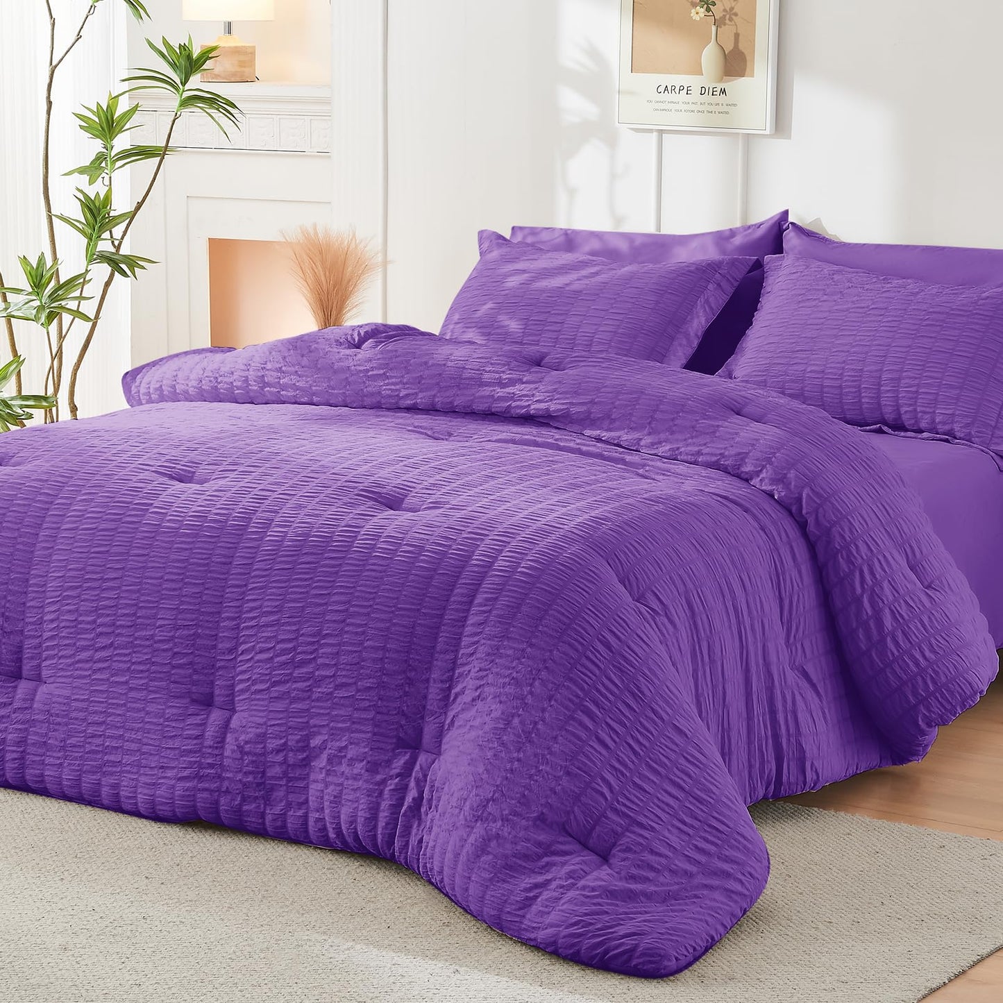 HYMOKEGE Bright Purple Twin Comforter Set Seersucker 5 Pieces, All Season Luxury Bed in a Bag for Bedroom, Bedding Set with Comforter, Sheets, Pillowcase & Sham