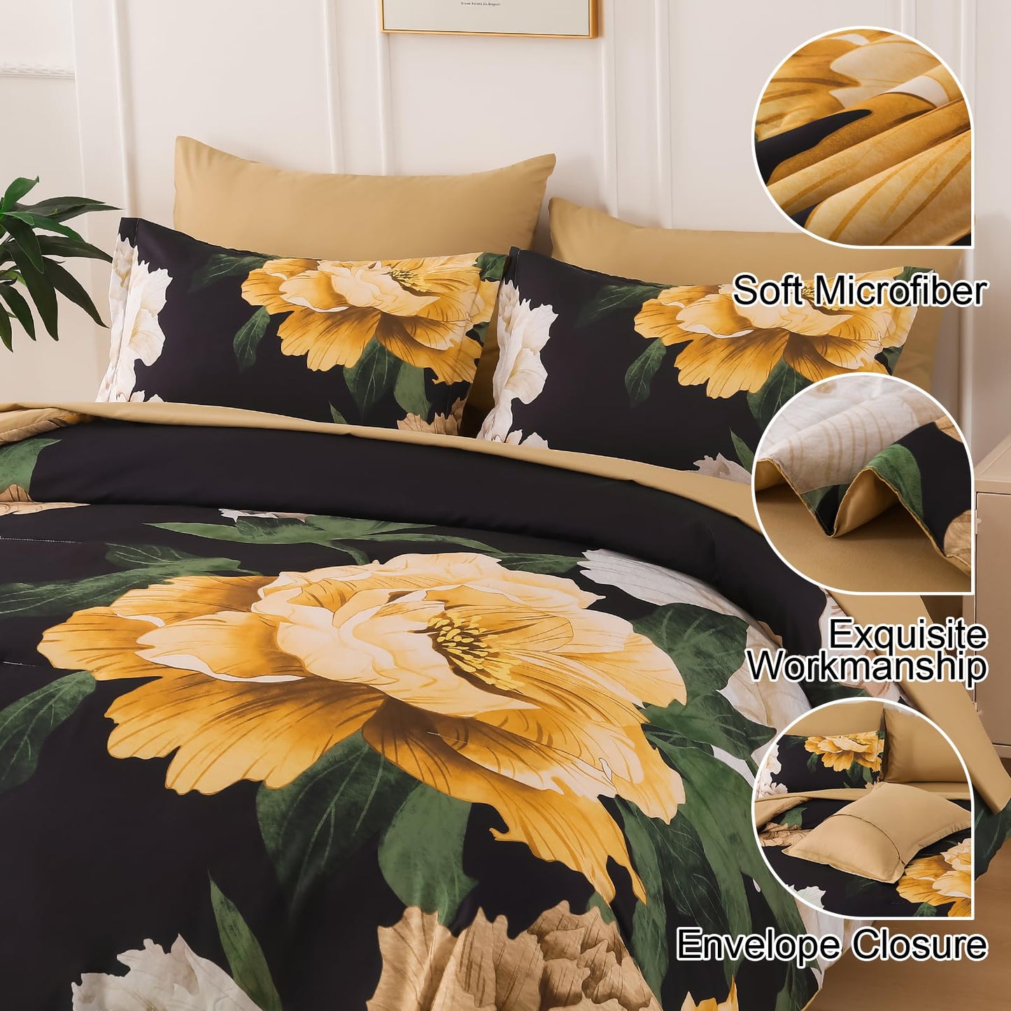 Dobuyly Black Floral Comforter Set Queen 7 Piece Bed in a Bag, Yellow Brown Flower Printed on Black Comforter Set with Sheets, Soft Microfiber Botanical Boho Bedding Set for All Season