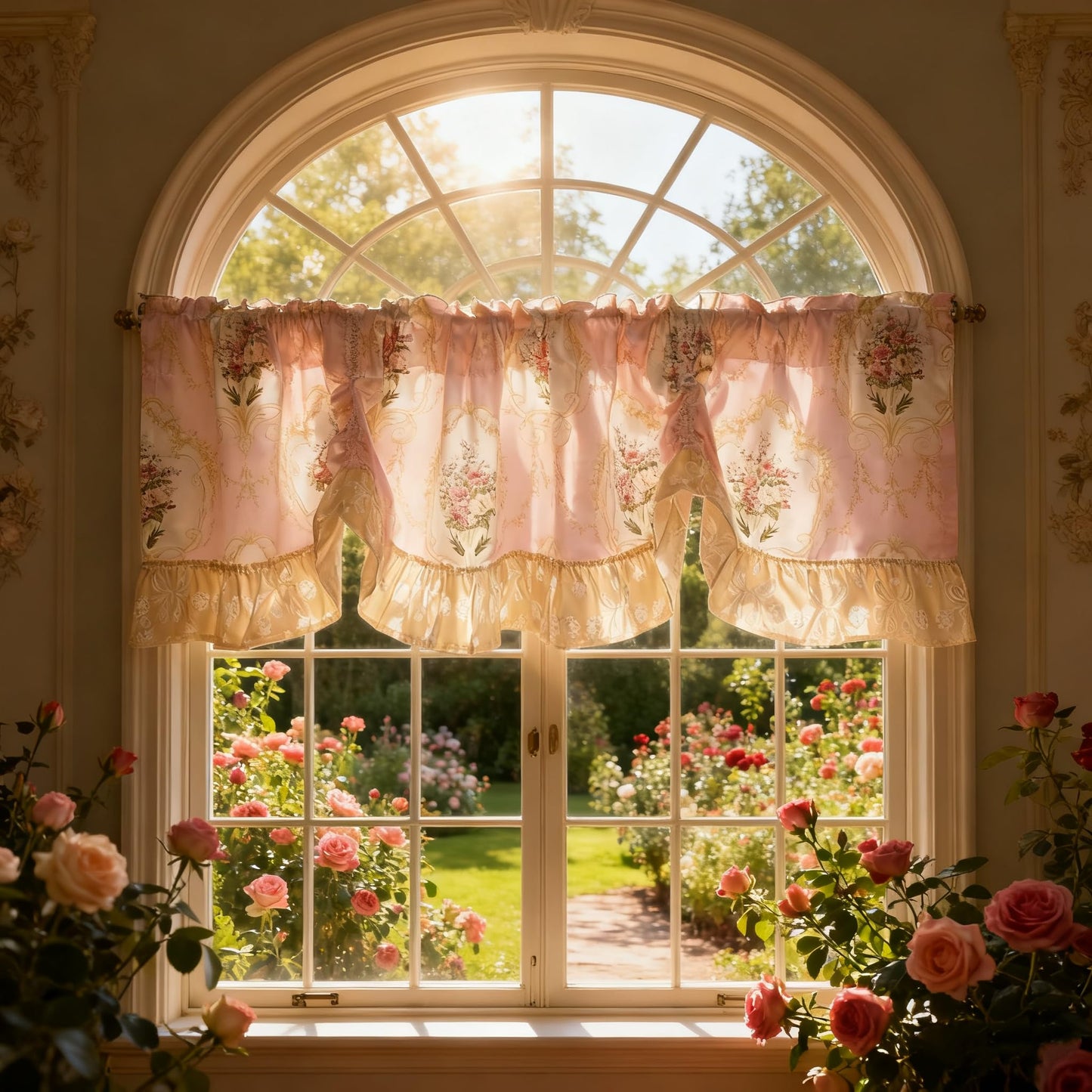 European Floral Tie Up Curtains for Kitchen Adjustable Balloon Shade Window Valance Elegant Cafe Bathroom Dining Room Window Drapes Rod Pocket 1 Panel (W59 X L16 INCH,Pink)