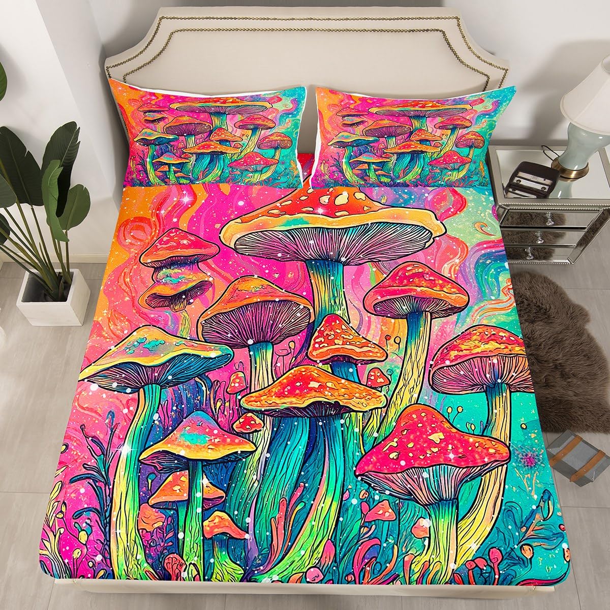 Feelyou Cute Mushroom Decor Bed Sheets Set Cartoon Mushrooms Sheet Set for Kids Boys Girls Teens Colourful Fungus Sheets with Deep Pocket Fitted Sheet Queen Size Wild Mushroom Stuff Bedding Set 4Pcs