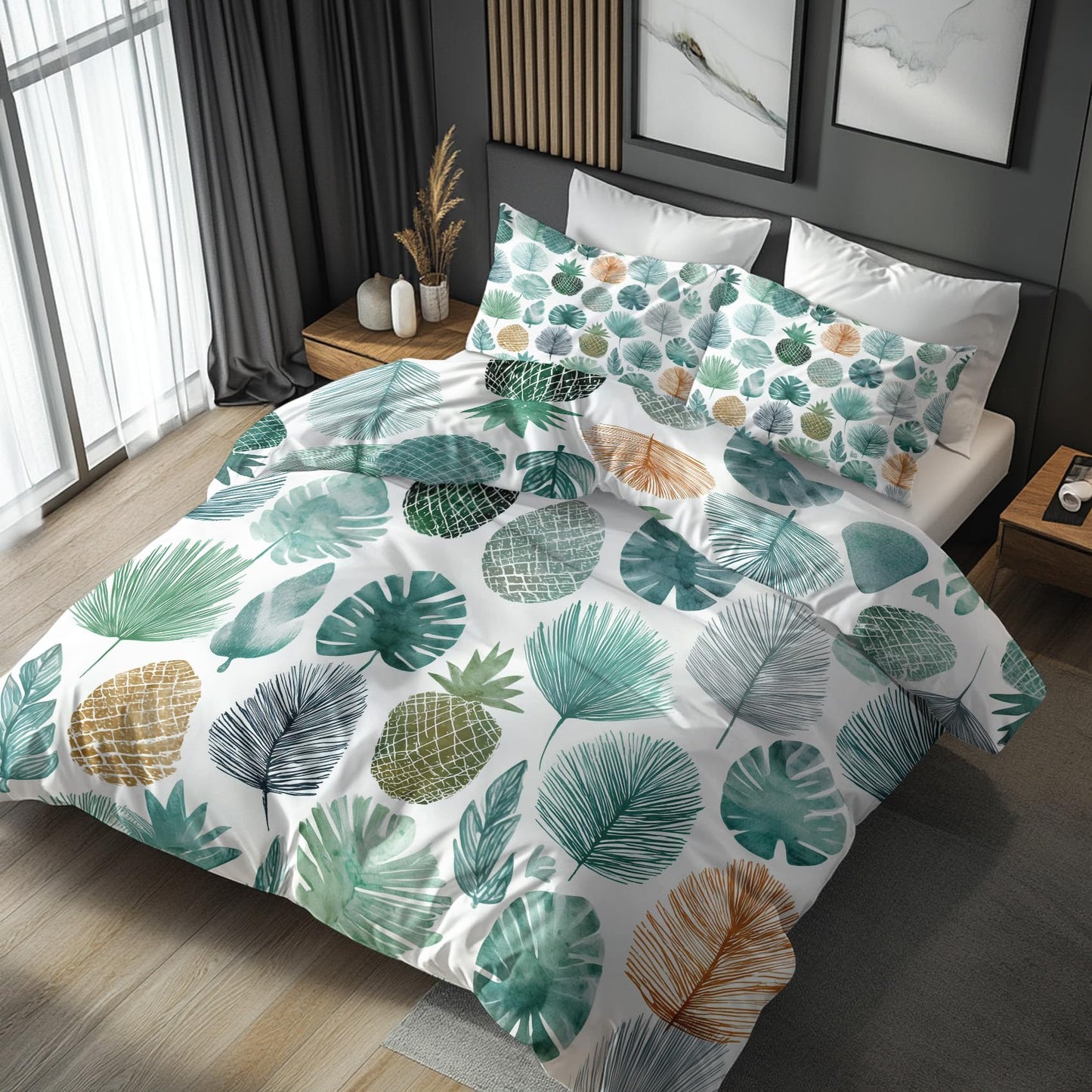 Monstera Palm Leaf Full Duvet Cover Set 3 Piece, Watercolor Tropical Leaves Reversible Bedding with 2 Pillow Shams, Zipper & Ties, Ultra Soft Microfiber, Leaf Bedroom Decorations 44A-K