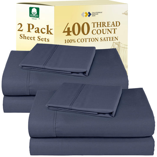 California Design Den Pack of 2 Twin Sheets Set - 400 Thread Count 100% Cotton Sateen - Soft and Breathable Sheets, 2 Sets of Deep Pocket Bed Sheets - Indigo Dusty Blue
