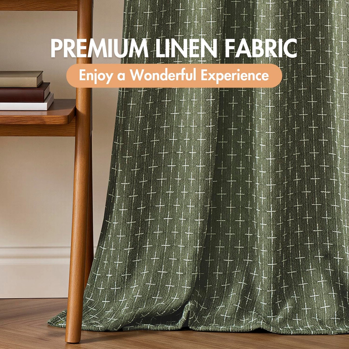 MIULEE 100% Blackout Decorative Linen Striped Curtains with Geometric Pattern, Thick Woven Farmhouse Western Rustic Drapes with Back Tab for Bedroom/Living Room, Olive Green, 52 x 84 Inches, 2 Panels