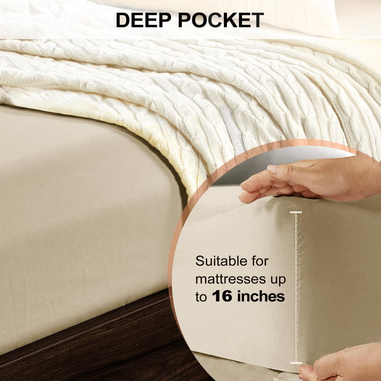 FreshCulture Queen Fitted Sheet - Hotel Quality, Ultra Soft & Breathable Brushed Microfiber, Deep Pocket, Cooling Fitted Sheets for Queen Size Bed (Beige)