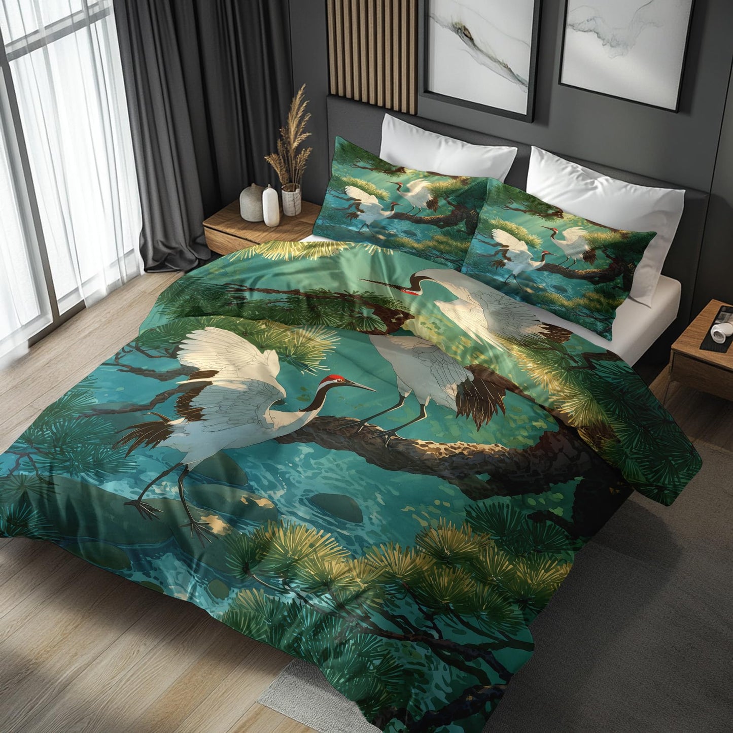 zcwl Japanese Crane Duvet Cover Oversized King Size | Pine Tree Bird Bedding Set | 3 Piece | Soft Microfiber Patterned Comforter Cover with Zipper Ties & 2 Pillowcases | Green Nature Bedroom Decor