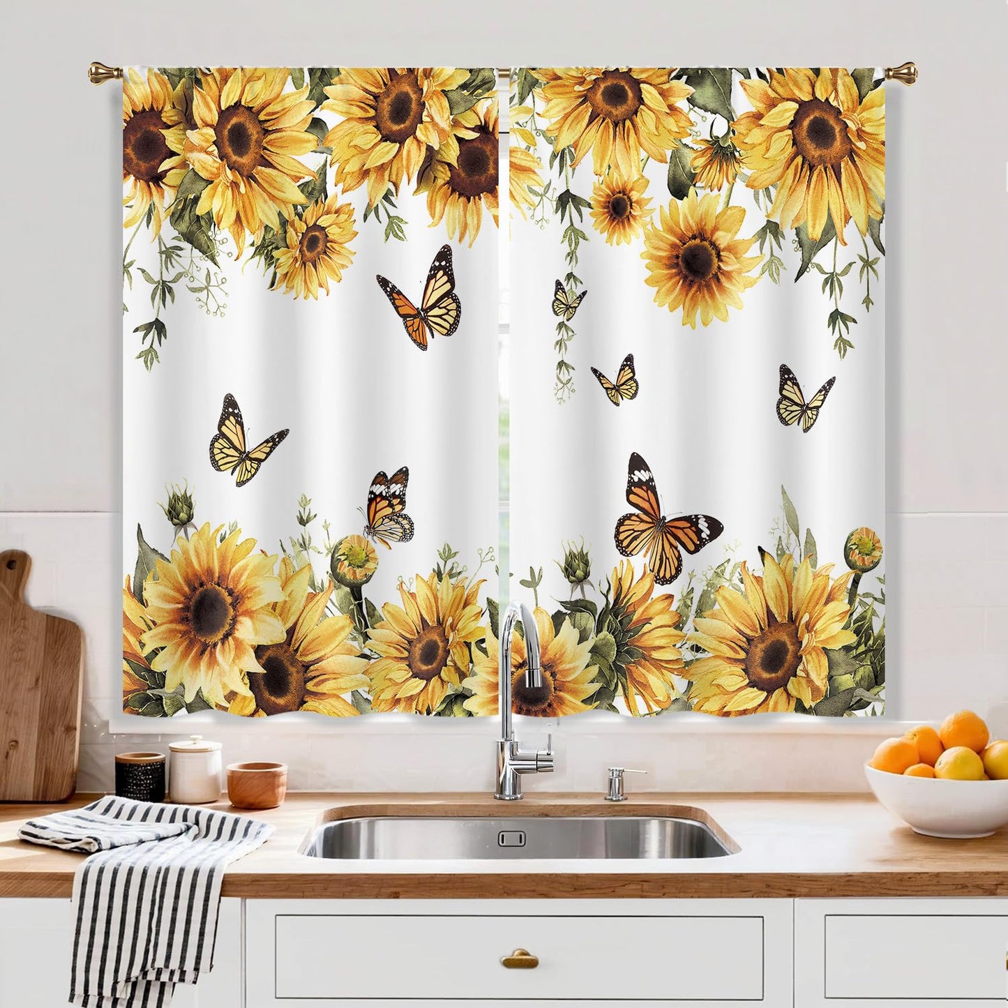 Cizuug Sunflower Yellow Floral Kitchen Curtain Rustic Country Flower Butterfly Farmhouse Over Sink Small Short Cafe Tier Bright Window Drapes Bathroom Home Decor 2 Panels
