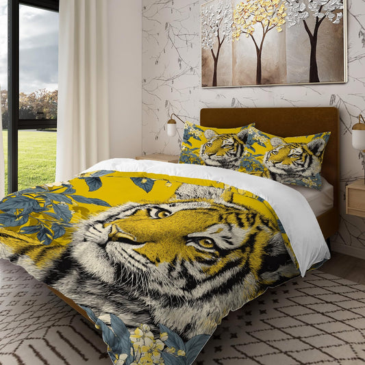 Batmerry Cute Tiger in Yellow King Size 3 Pieces Bedding Duvet Cover Sets, Soft Tiger Yellow Flowers 100% Cotton Printed Duvet Cover for All Season