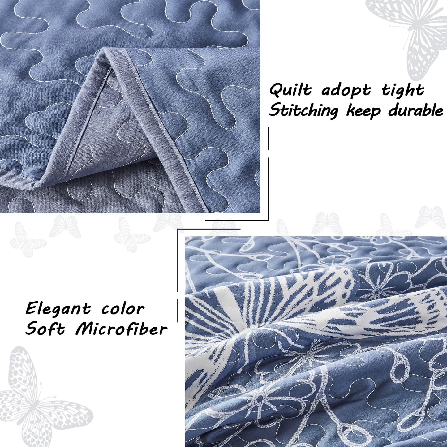 Yogeneg Full Queen Size Quilt Set,White Butterfly Botanical Pattern Blush Grey Bedding Set,3 Piece Lightweight Soft Summer Bedspread Coverlet with 2 PIillow Sham for All Season(Butterfly,90"x96")