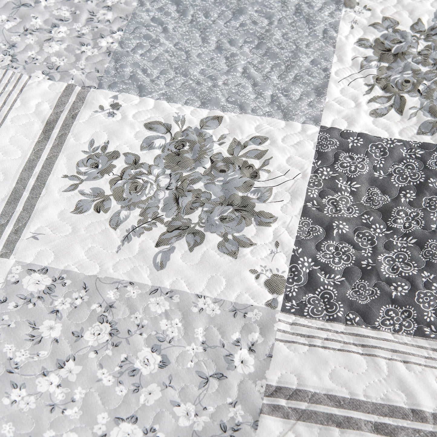 Cmfshape Summer Floral Queen Bedspread,Romantic Grey Quilt Set Full,Reversible Stitched Bedding Set All Season,Soft Lightweight Coverlet with Pillow Cases (Dark Grey, Queen90 x90)