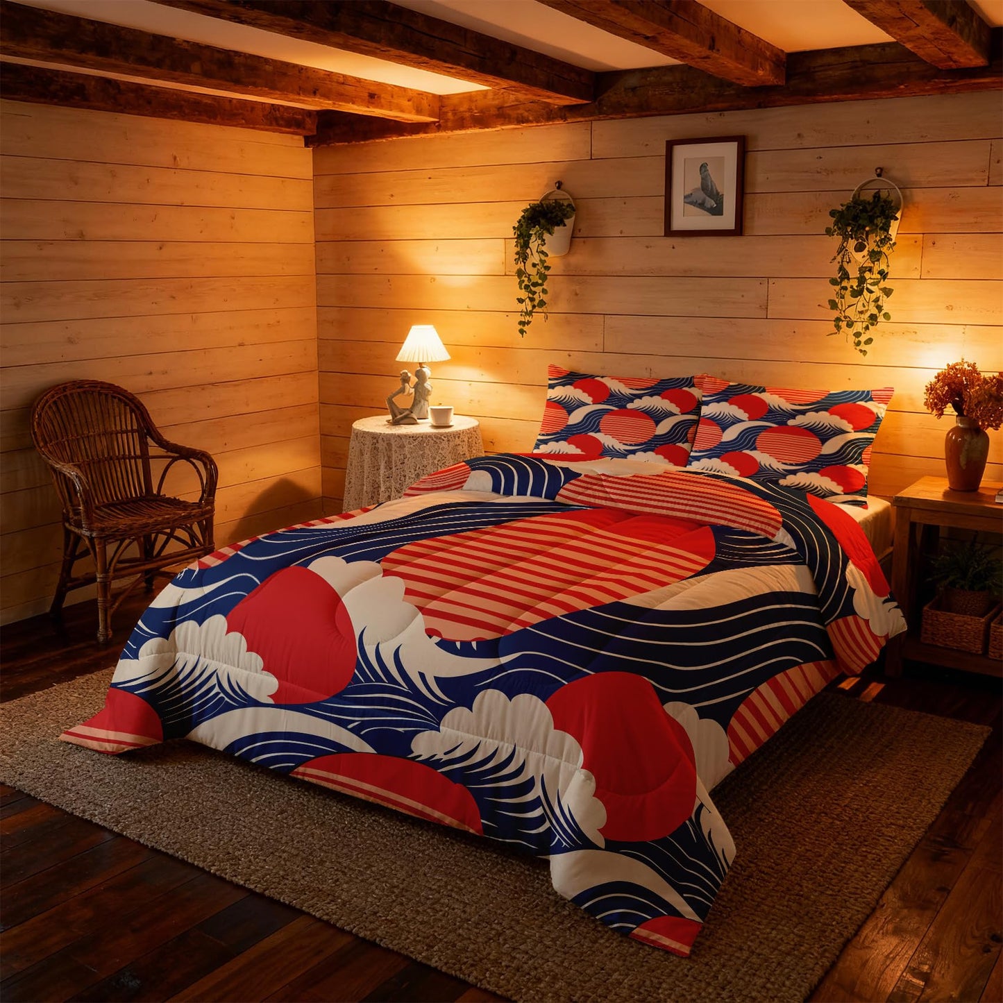 ZDABAOEC Japanese Wave Twin Comforter Set 2 Piece, 1 Pillow Sham, Asian Oriental Japan Style Reversible Down Alternative All Season Bedding, Soft Microfiber, Japanese Wave Bedroom Decor