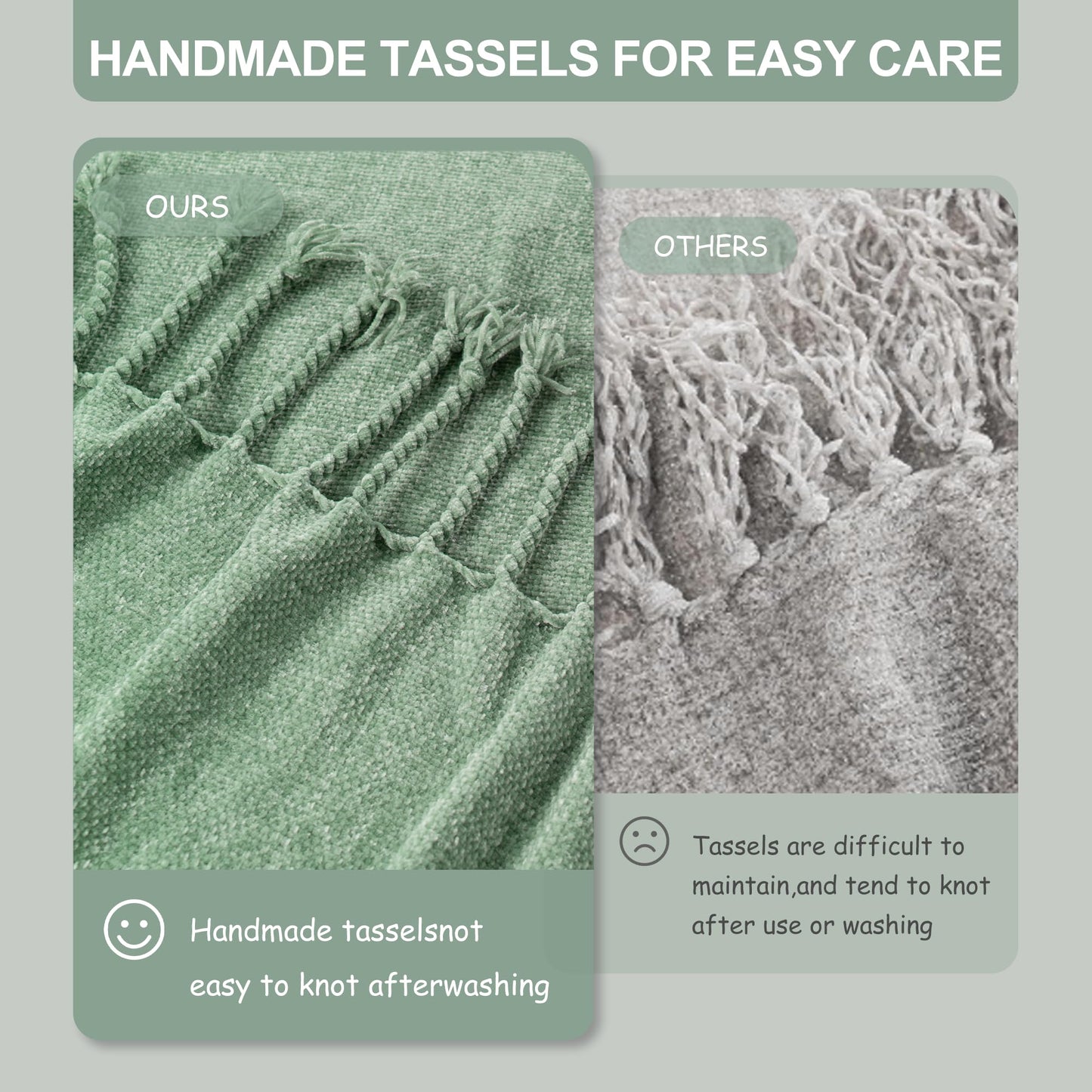BATTILO HOME Sage Green Chenille Throw Blanket for Couch, Soft Cozy Textured Knit Throw Blanket with Handmade Fringe Tassels, Lightweight Decorative Farmhouse Blanket for Sofa Bed Chair, 50"x60"