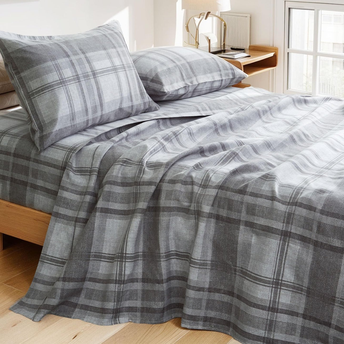 King Sheets Set 4PC - Soft Cooling 1800 Thread Count Microfiber Printed Sheet, 8 - 17" Deep Pocket Breathes Better, Hypoallergenic, Wrinkle Free, Machine Washable Grey Plaid Patterned Double Bedding